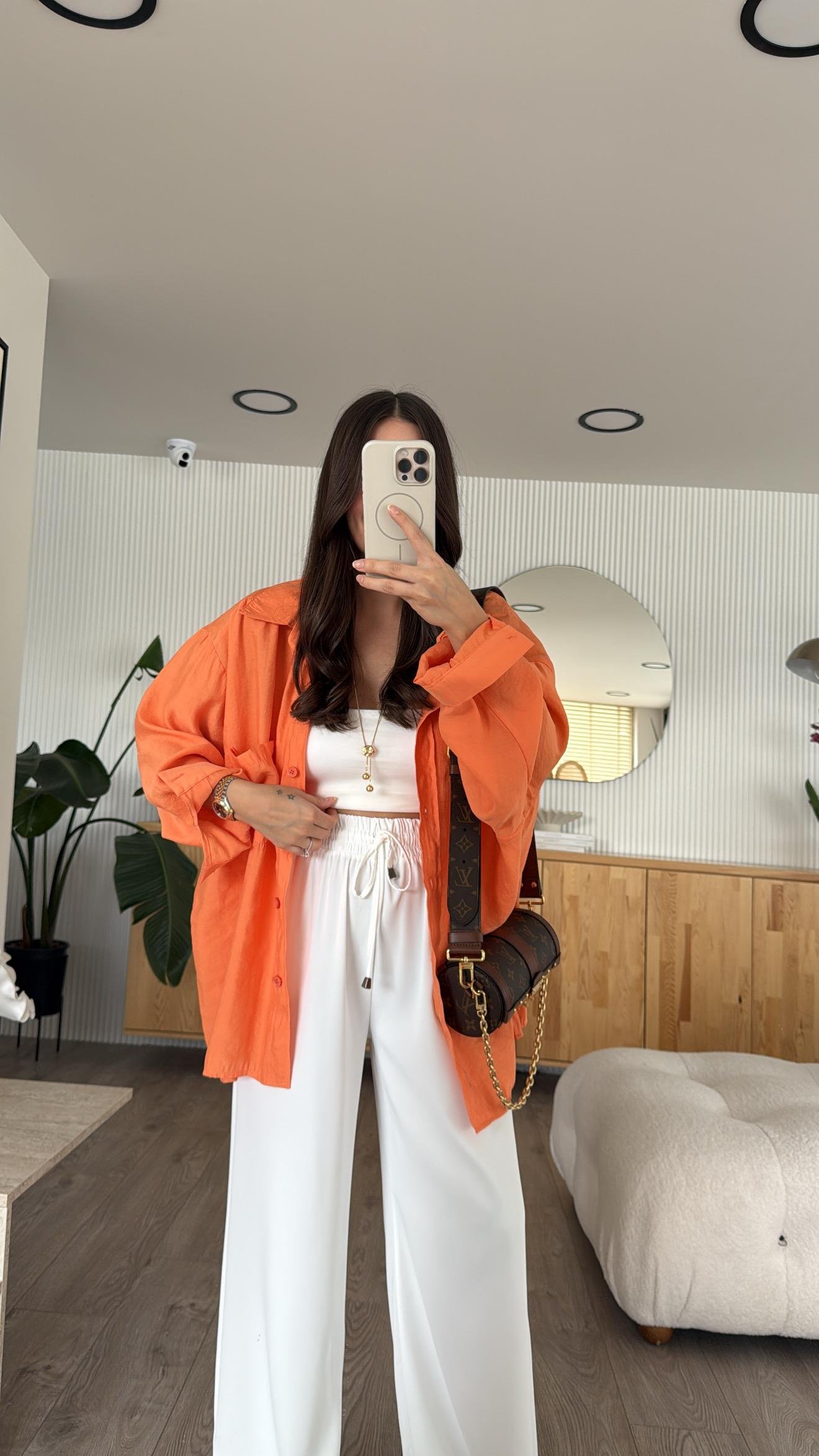 Orange Tensel Kumaş Düşük Omuzlu Oversize Gömlek