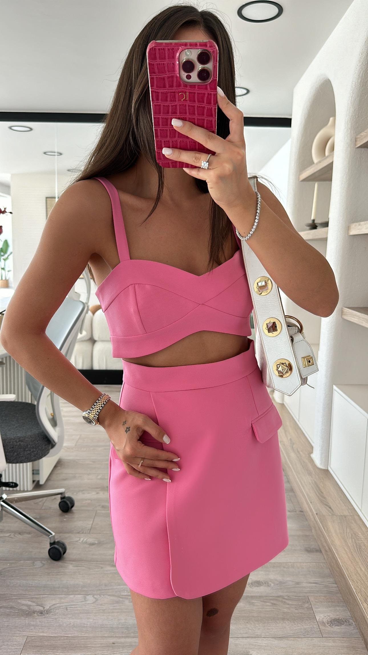 Pembe Askılı Kalp Yaka Crop Bluz