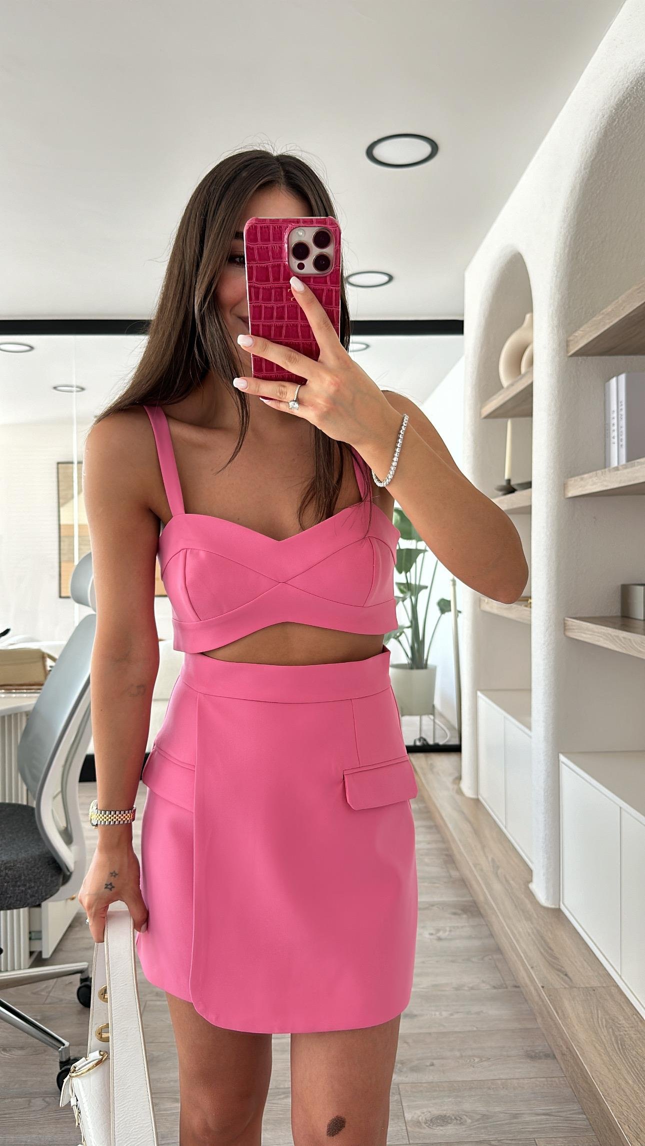 Pembe Askılı Kalp Yaka Crop Bluz