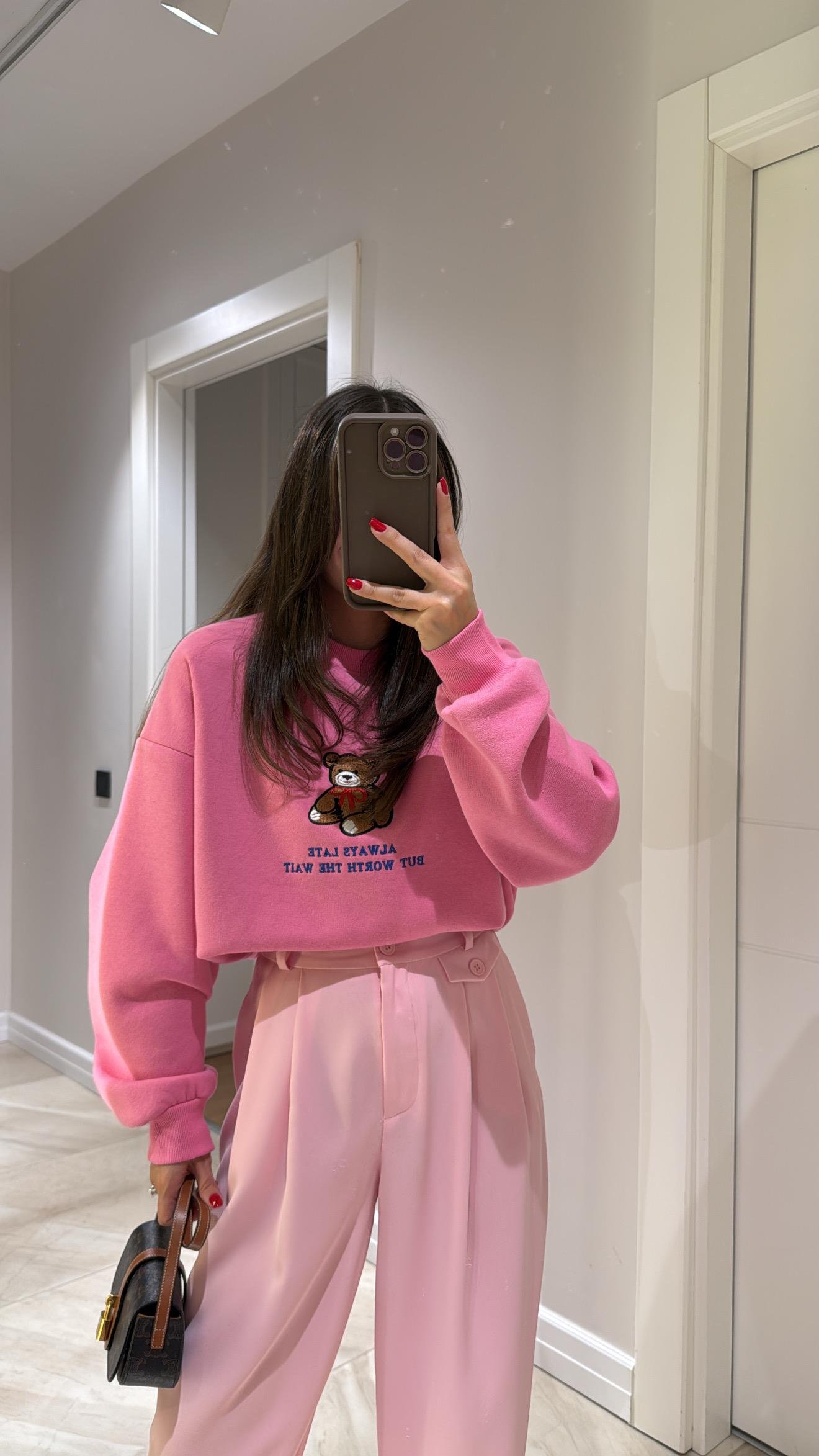 Pembe Ayıcık Baskılı Yazılı Sweat 