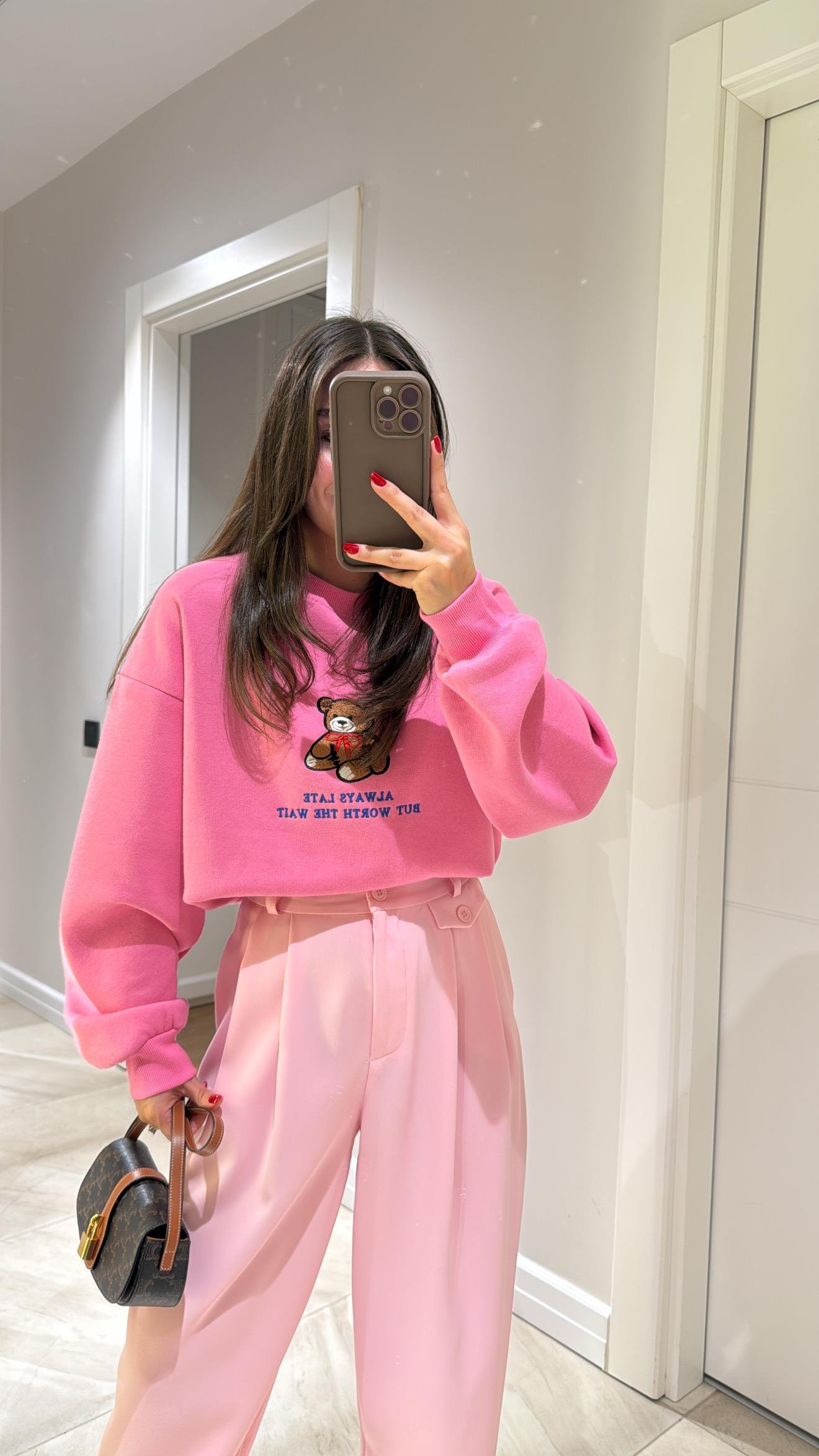 Pembe Ayıcık Baskılı Yazılı Sweat 