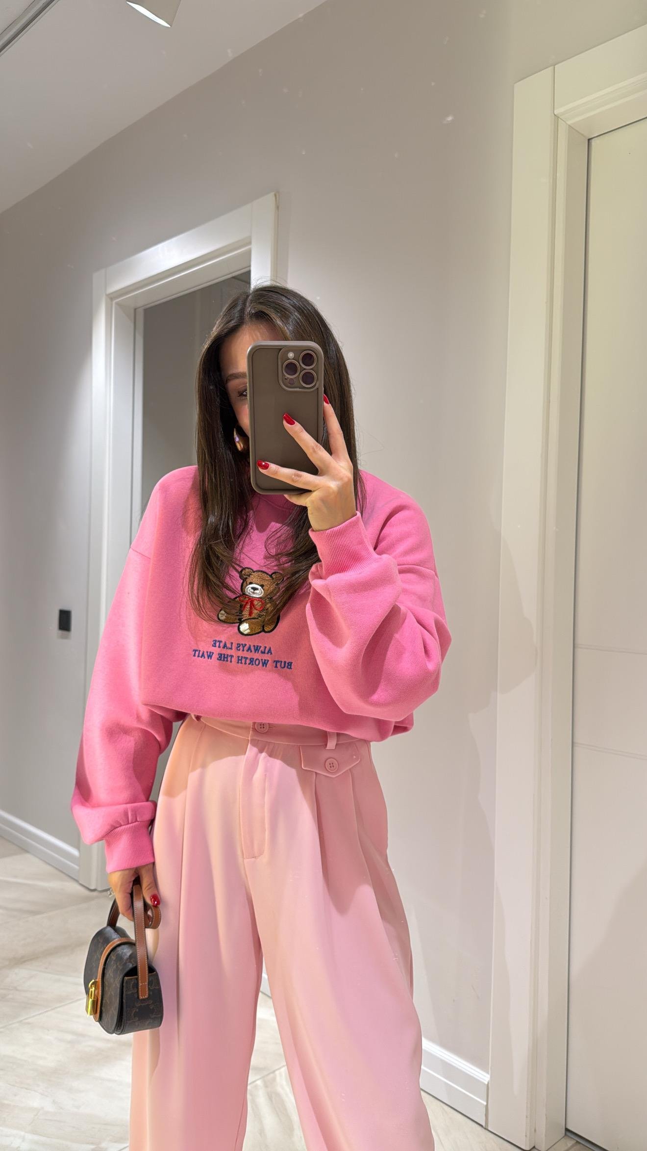 Pembe Ayıcık Baskılı Yazılı Sweat 