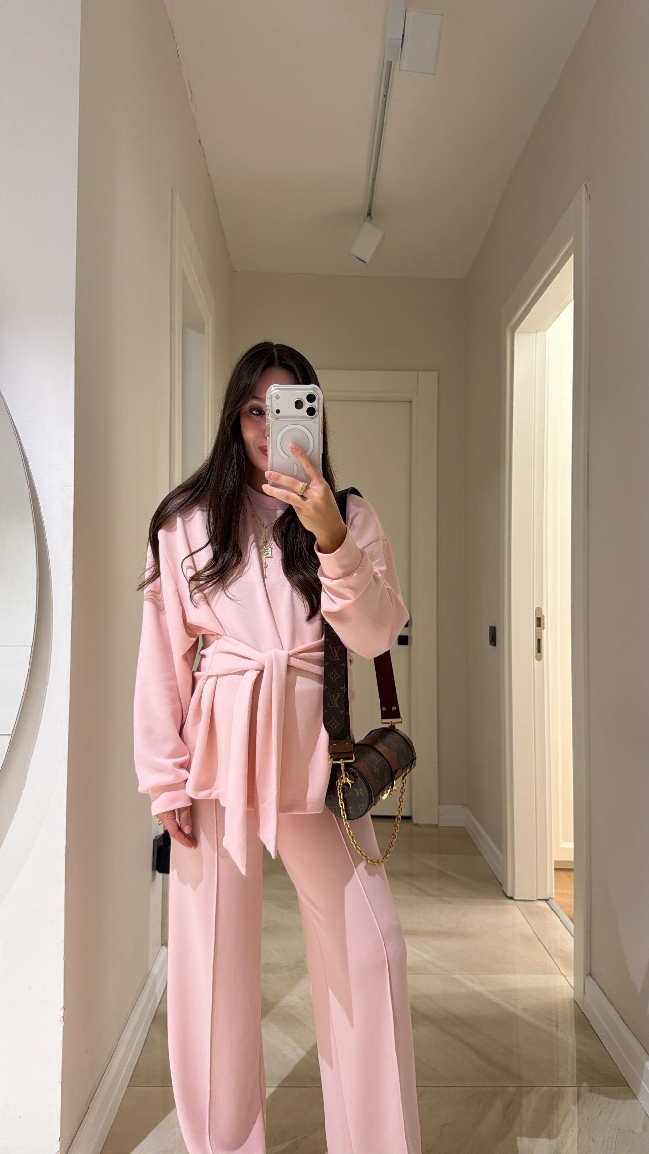 Pembe Bağlama Detaylı Sweat Pantolon Takım 