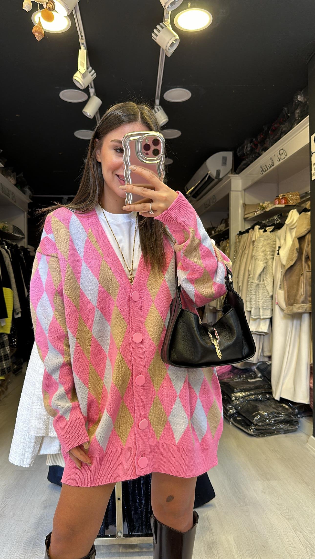 Pembe Bej Baklava Desenli Düğmeli Hırka 