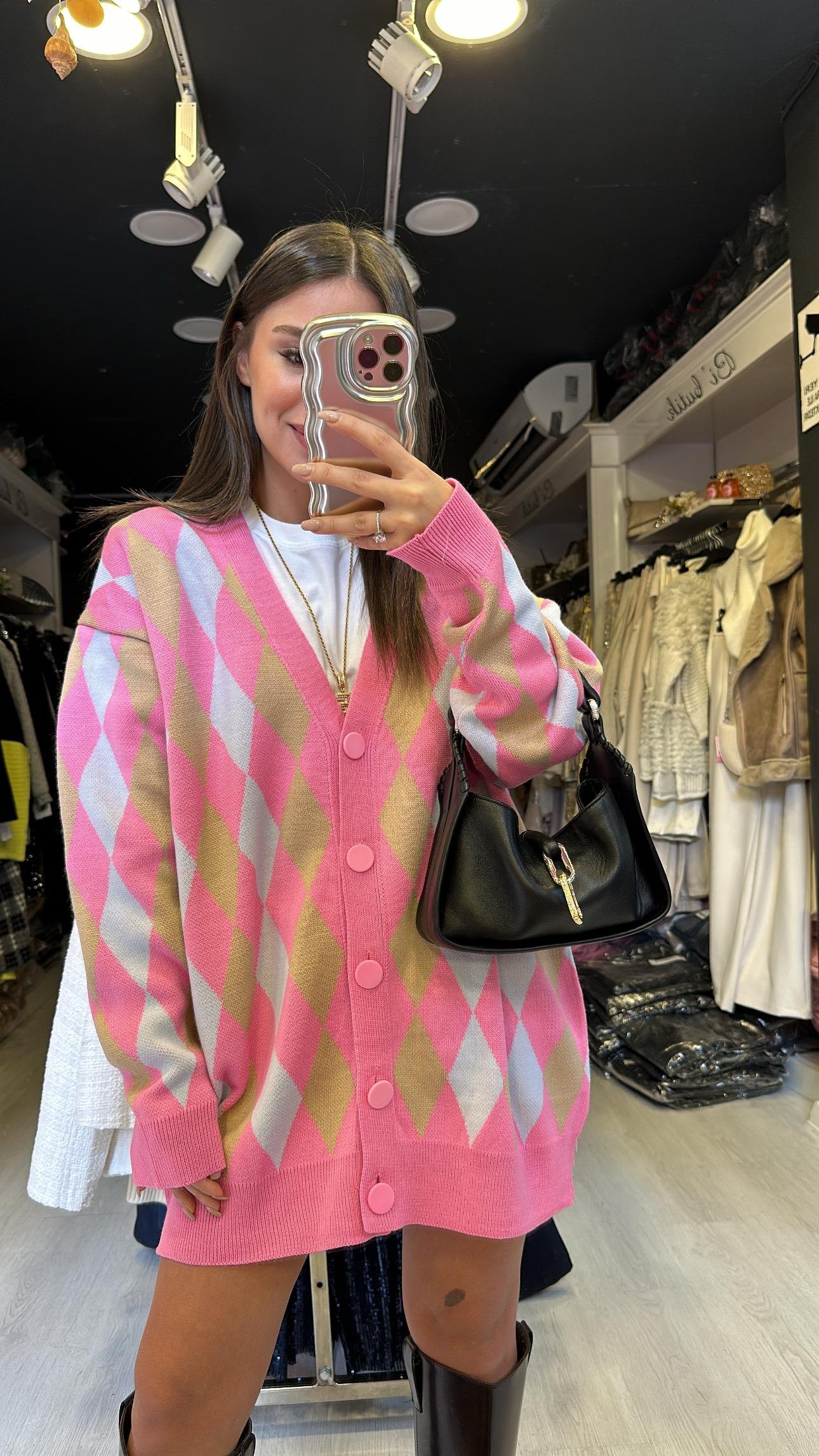 Pembe Bej Baklava Desenli Düğmeli Hırka 