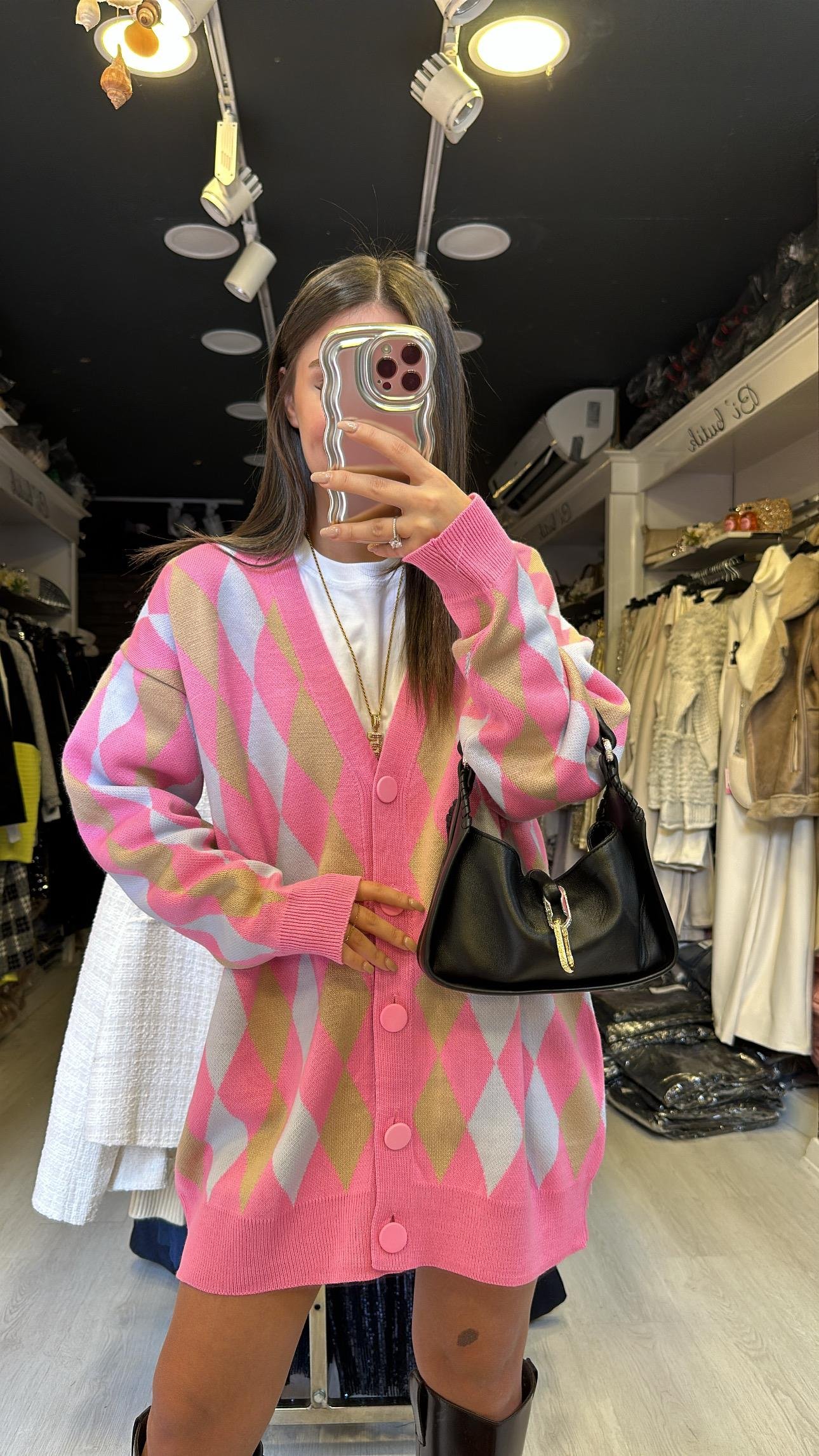 Pembe Bej Baklava Desenli Düğmeli Hırka 