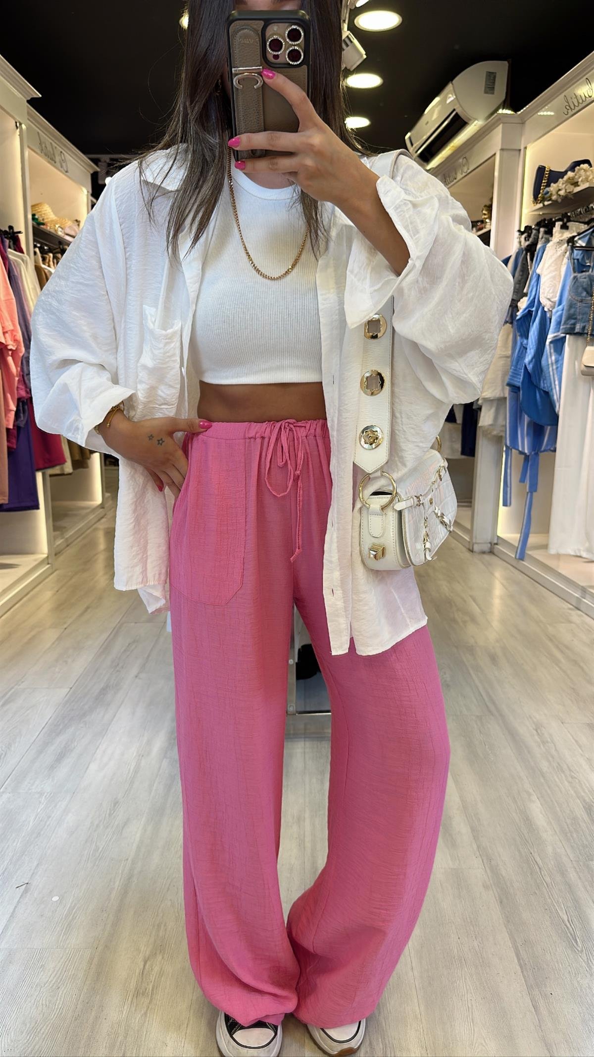 Pembe Beli Lastikli Bol Paça Krinkıl Pantolon
