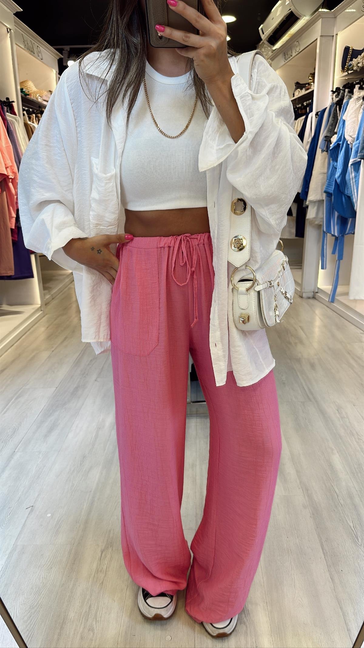 Pembe Beli Lastikli Bol Paça Krinkıl Pantolon