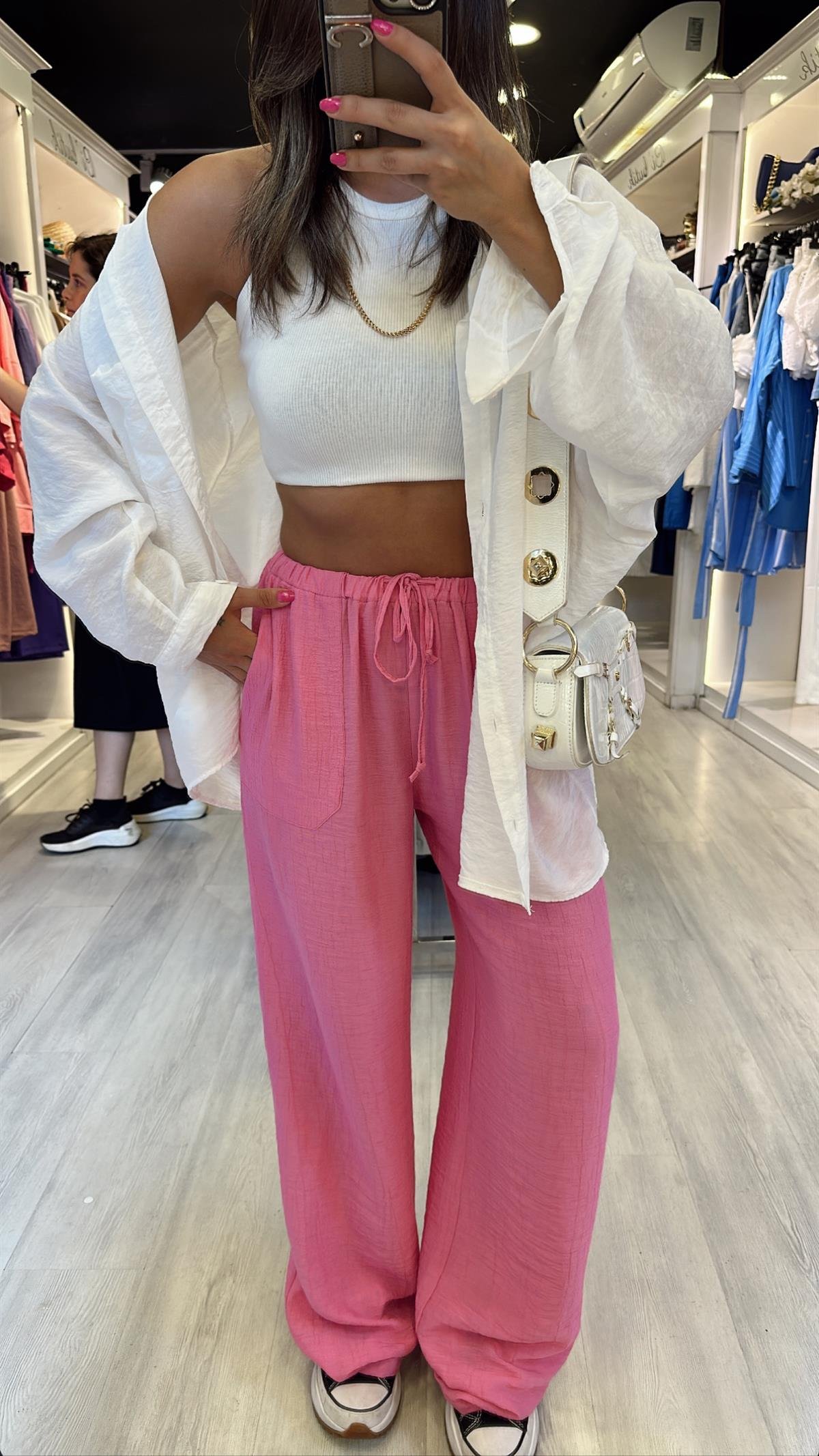 Pembe Beli Lastikli Bol Paça Krinkıl Pantolon