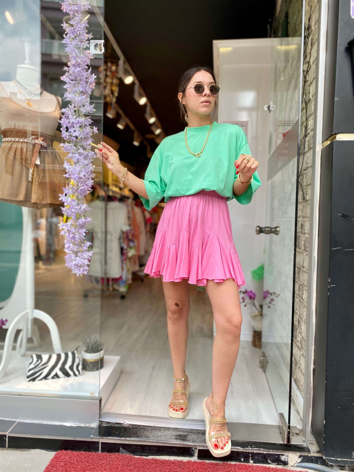 Pembe Beli Lastikli Fırfırlı Mini Etek