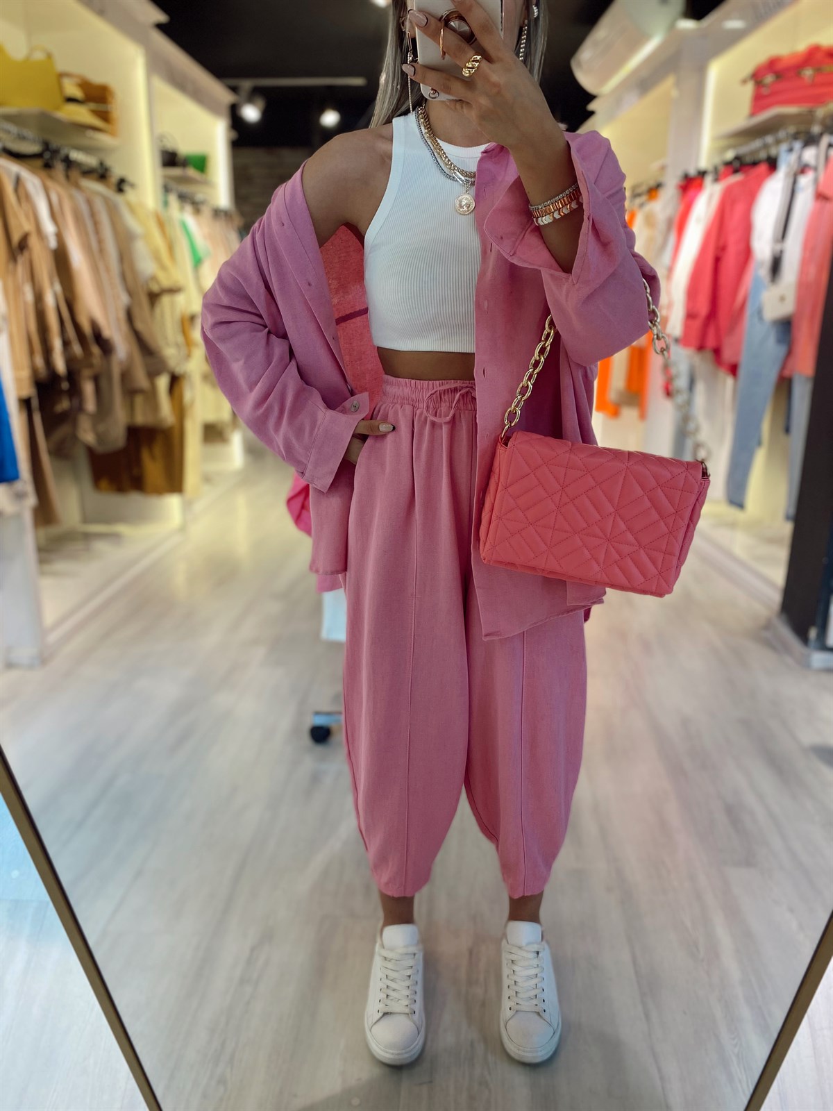 Pembe Beli Lastikli Ön Dikiş Dataylı Keten Şalvar Pantolon