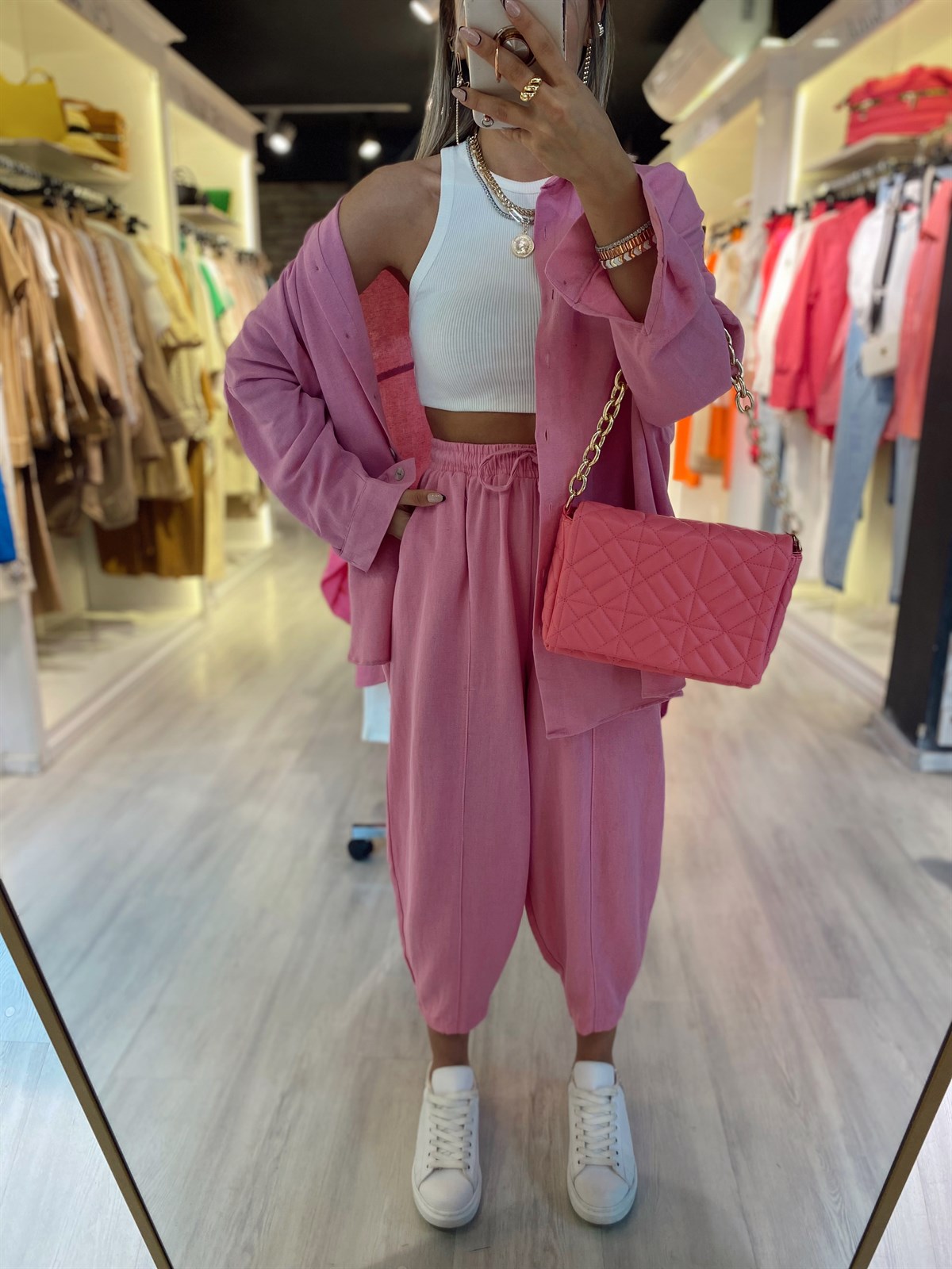 Pembe Beli Lastikli Ön Dikiş Dataylı Keten Şalvar Pantolon