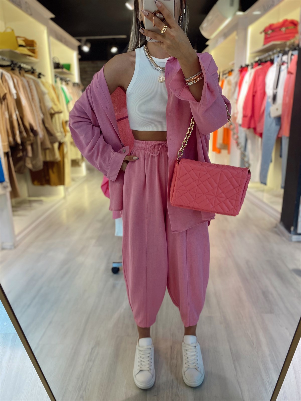 Pembe Beli Lastikli Ön Dikiş Dataylı Keten Şalvar Pantolon