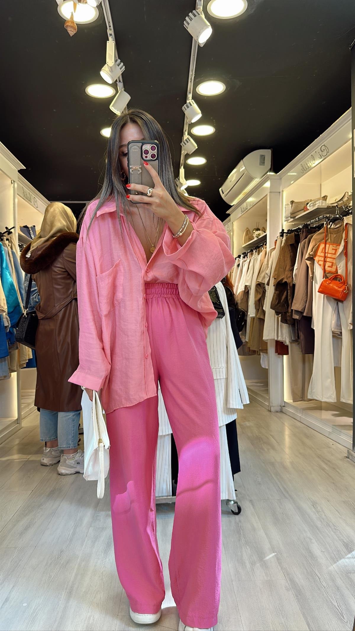 Pembe Beli Lastikli Tensel Bol Paça Pantolon