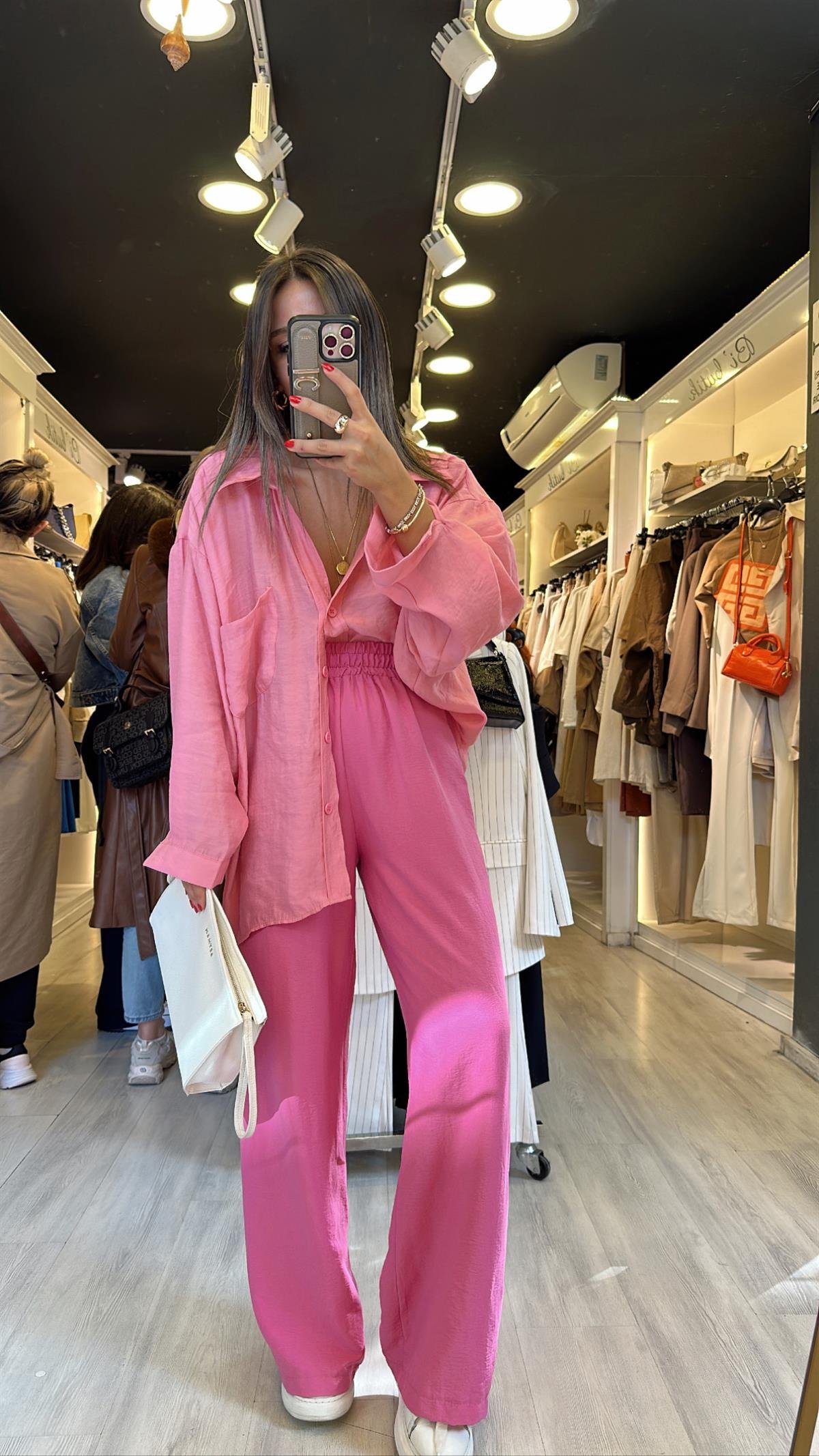 Pembe Beli Lastikli Tensel Bol Paça Pantolon