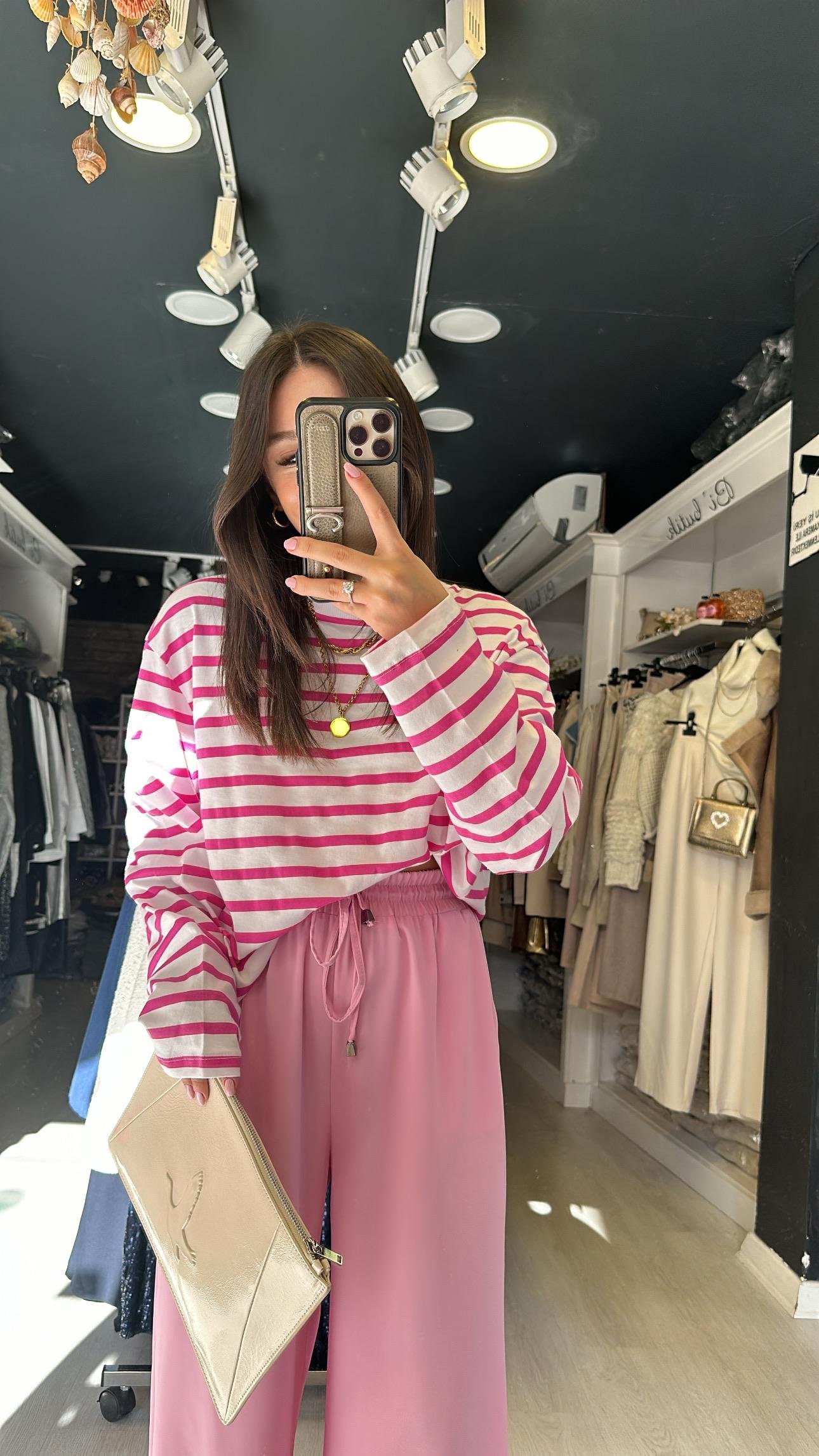 Pembe Beyaz Çizgili Basic Sweat