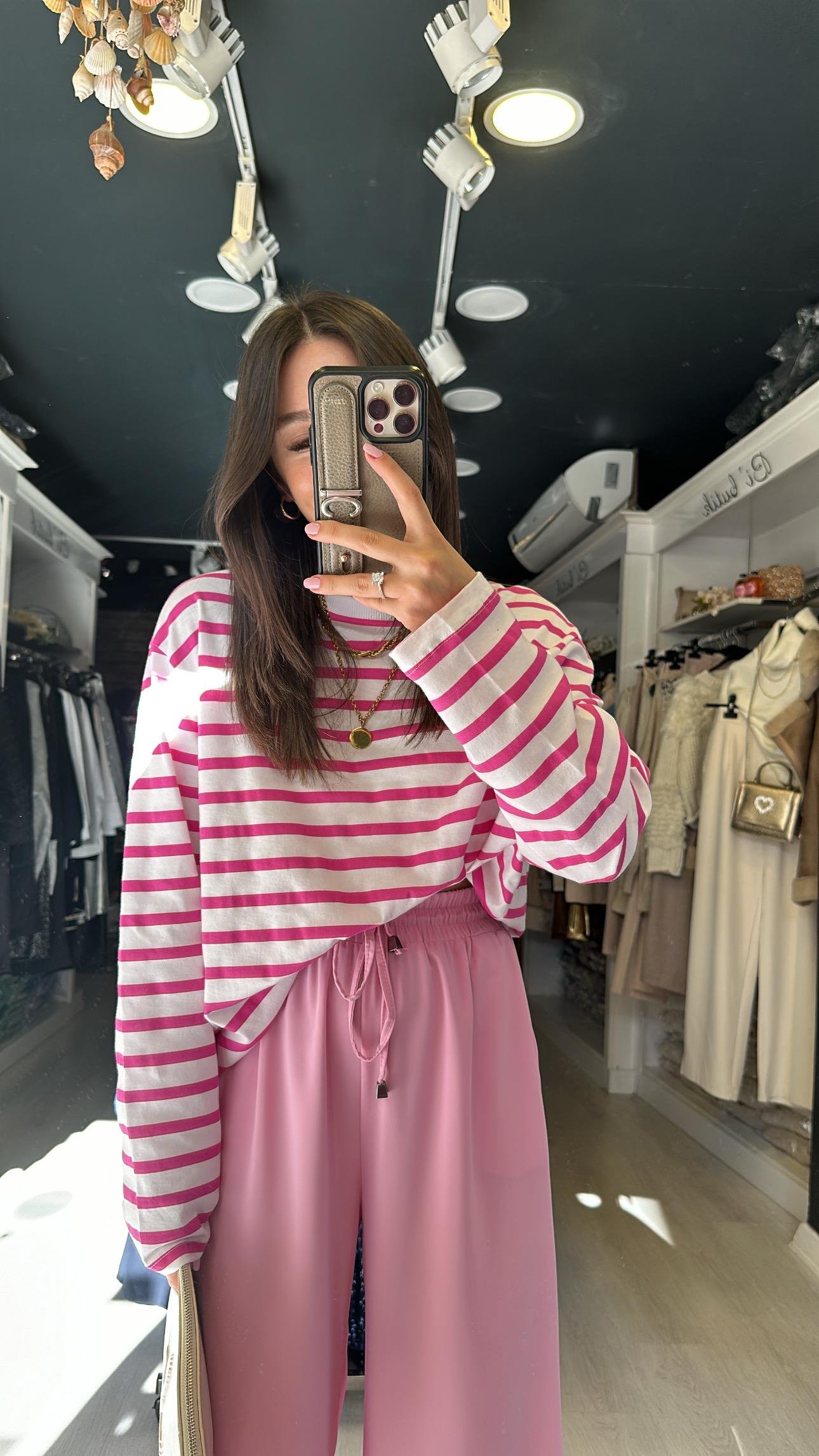 Pembe Beyaz Çizgili Basic Sweat