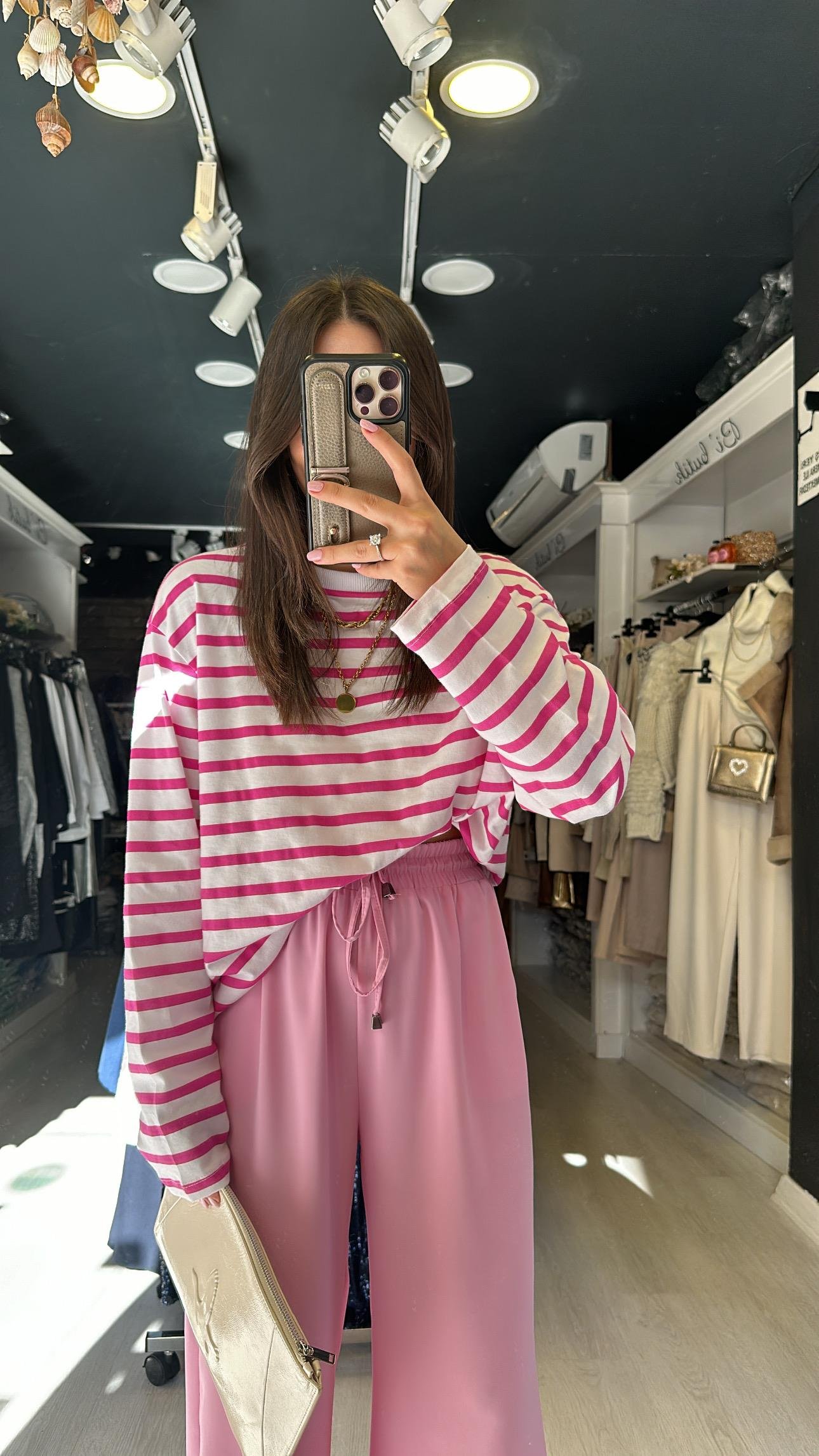 Pembe Beyaz Çizgili Basic Sweat