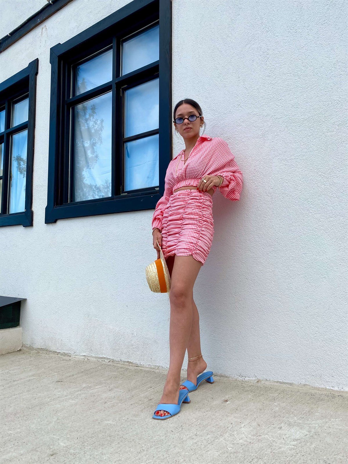 Pembe Beyaz Pötikareli Büzgülü Etek