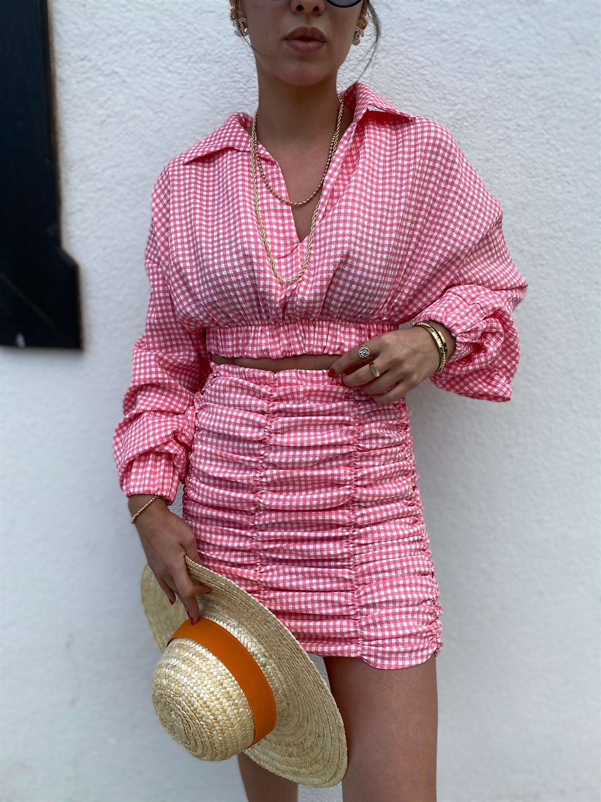 Pembe Beyaz Pötikareli Büzgülü Etek