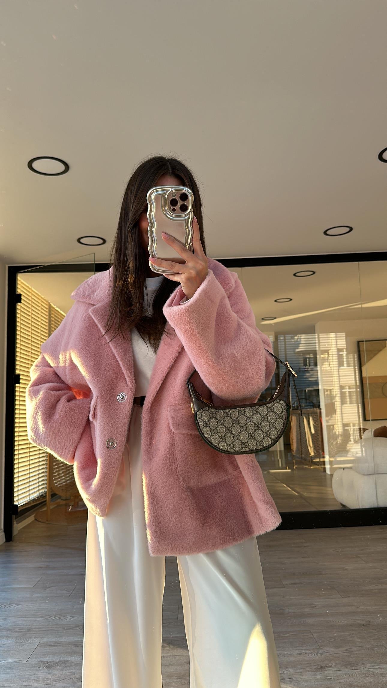 Pembe Çift Cepli Peluş Mont 