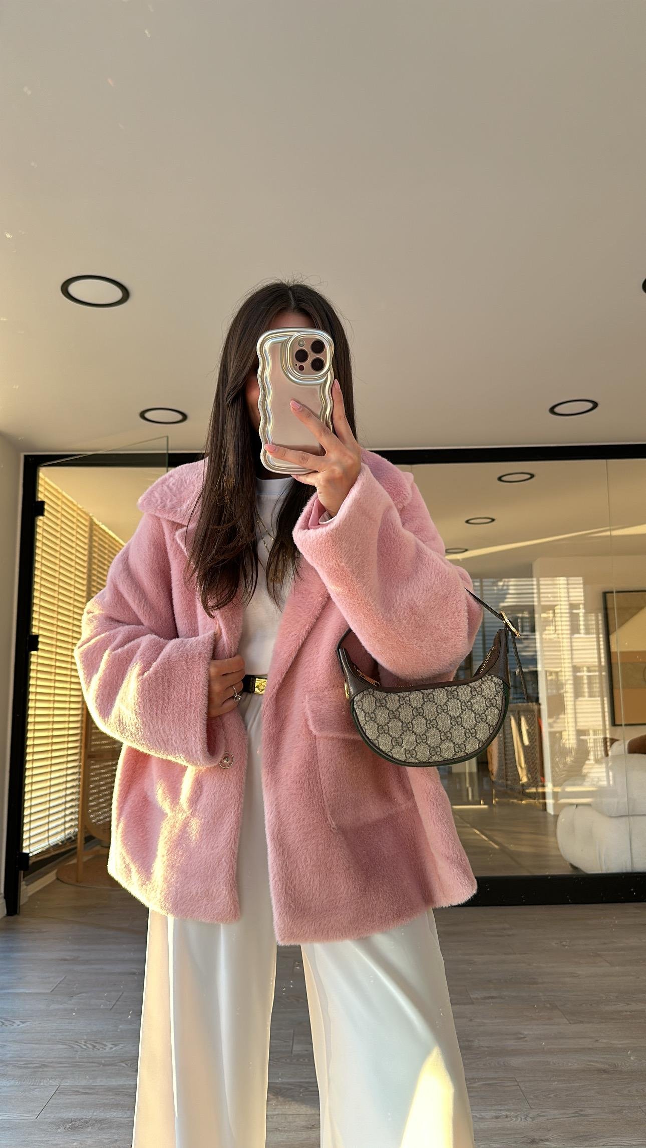 Pembe Çift Cepli Peluş Mont 