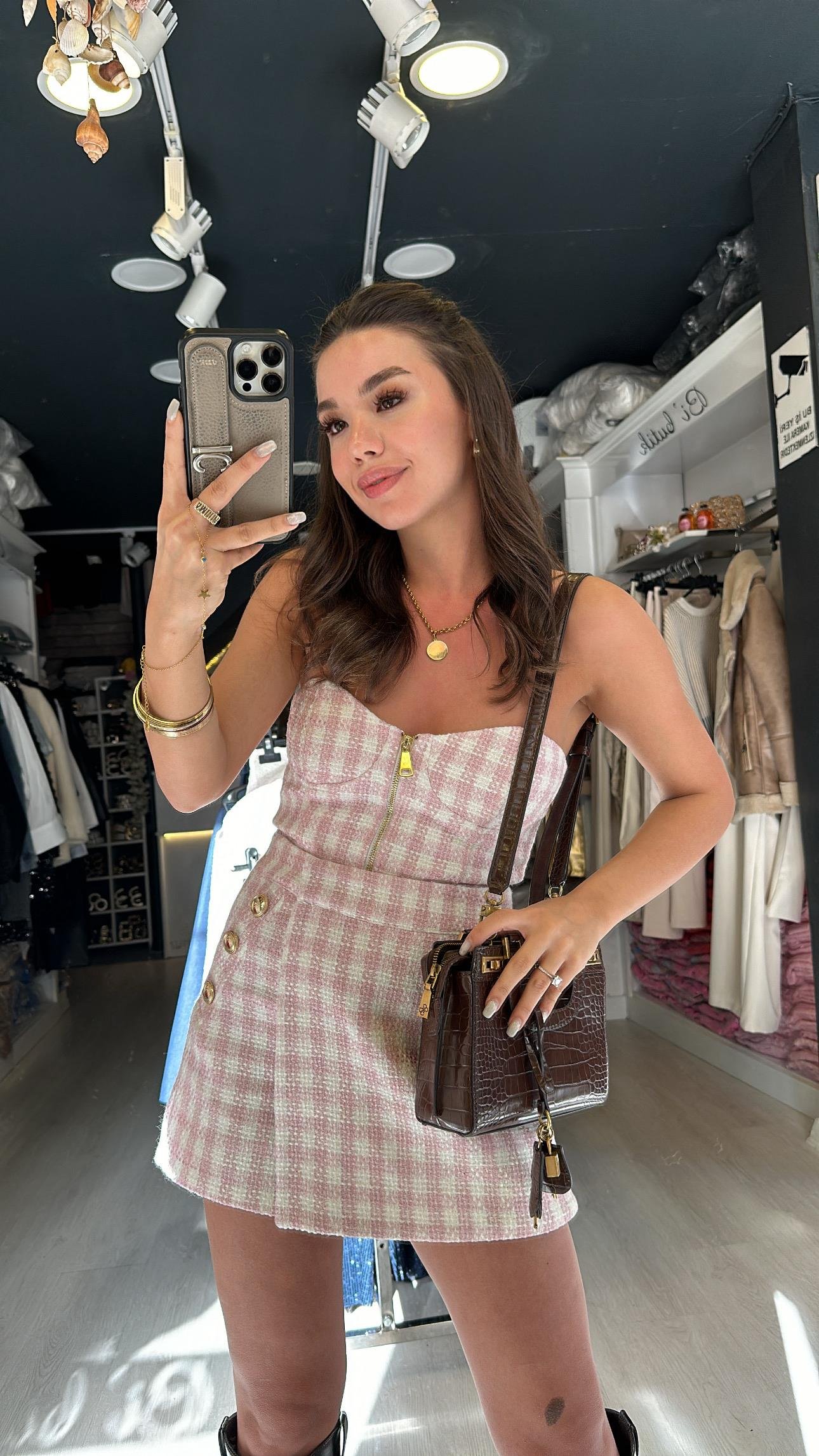 Pembe Ekru Ekoseli Ön Fermuarlı Straplez Bluz