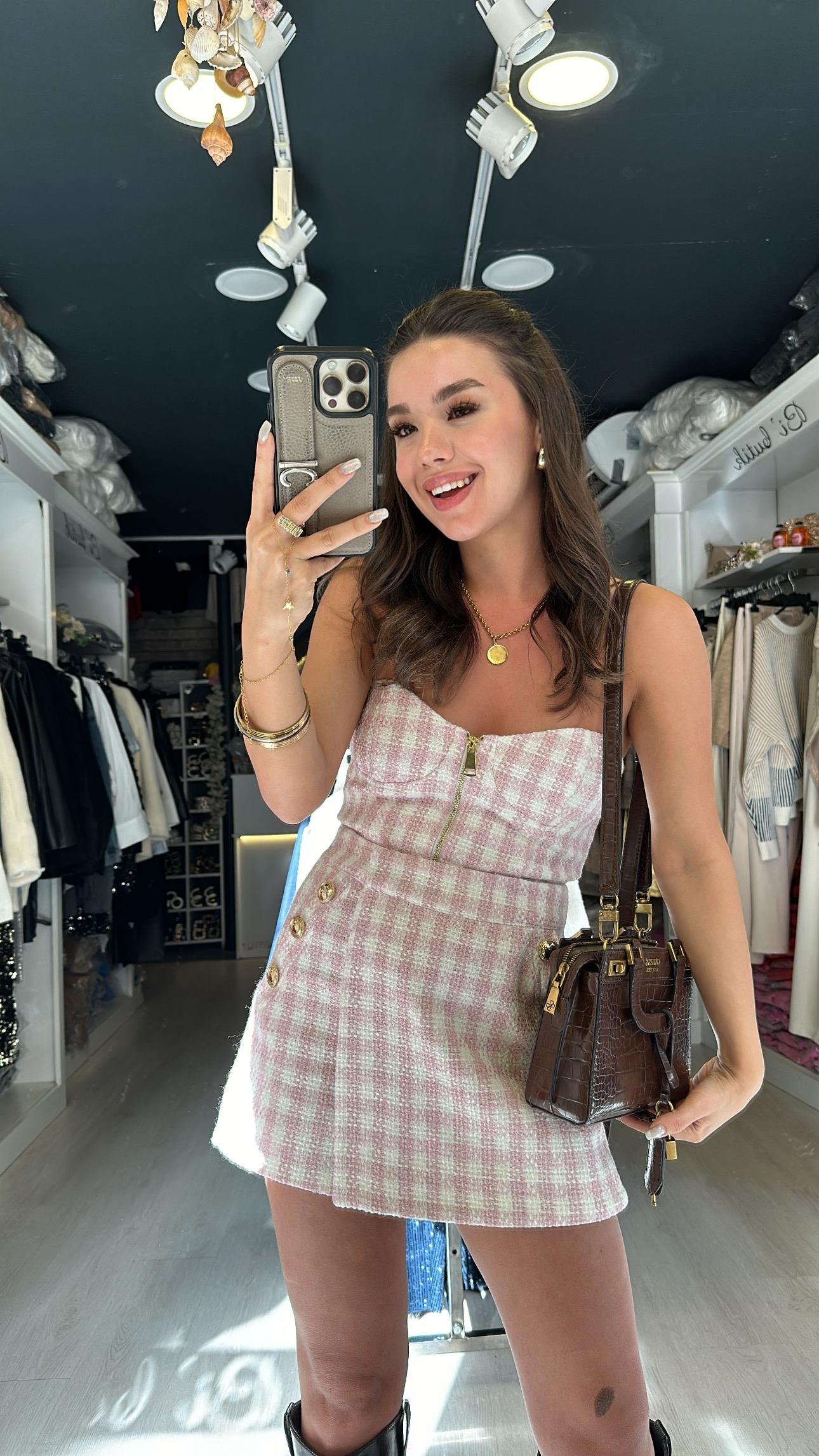 Pembe Ekru Ekoseli Ön Fermuarlı Straplez Bluz