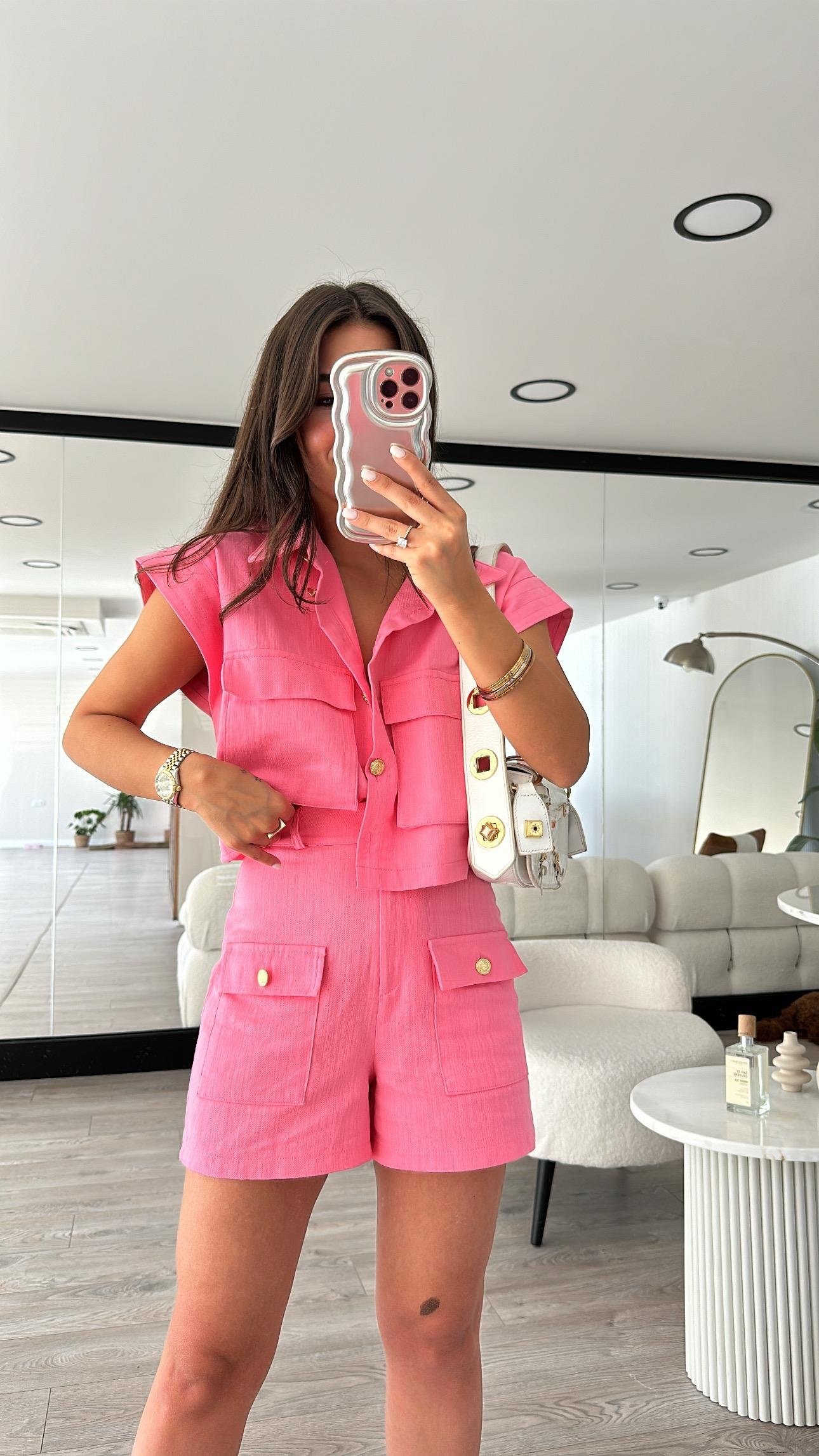 Pembe Gold Düğmeli Keten Gömlek