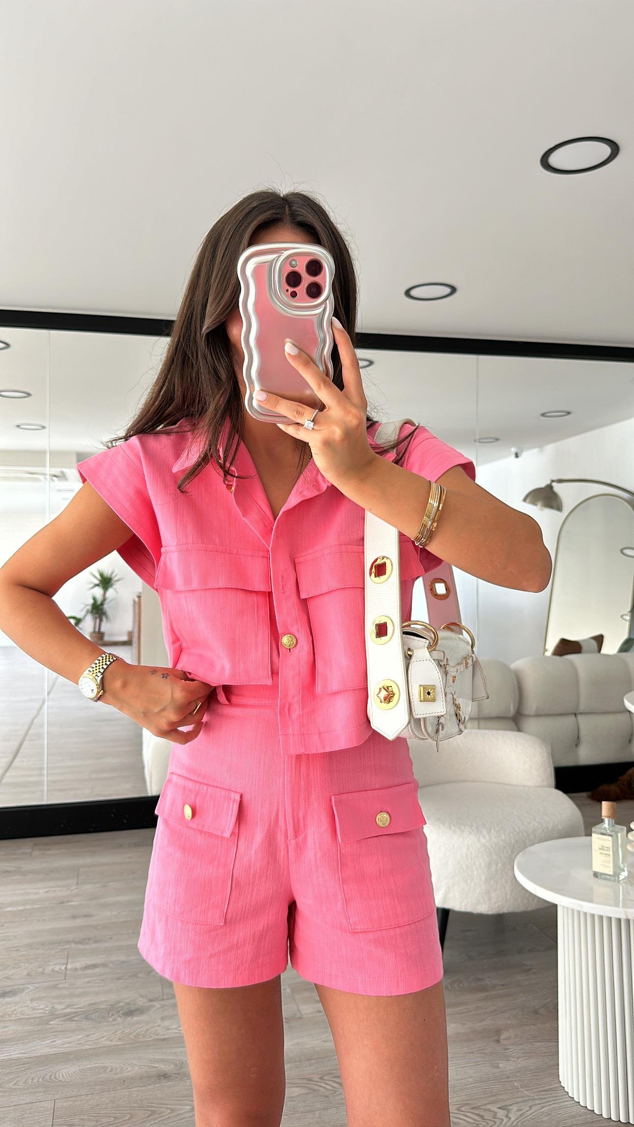 Pembe Gold Düğmeli Keten Gömlek