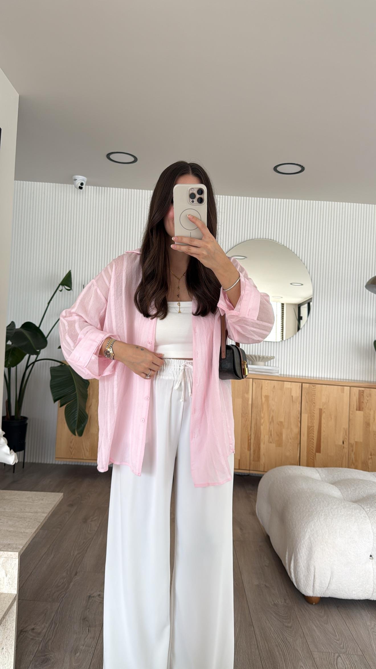 Pembe Kendinden Desenli Transparan Gömlek