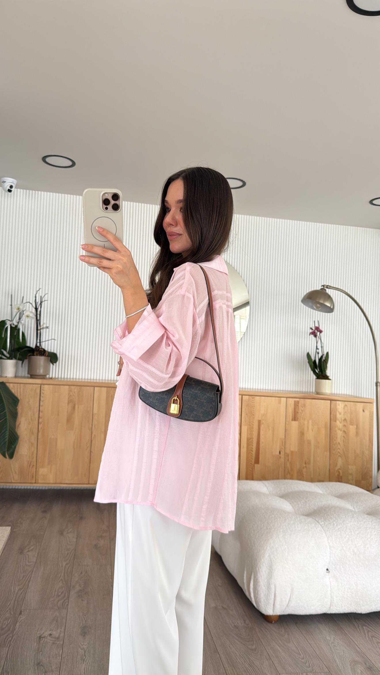 Pembe Kendinden Desenli Transparan Gömlek