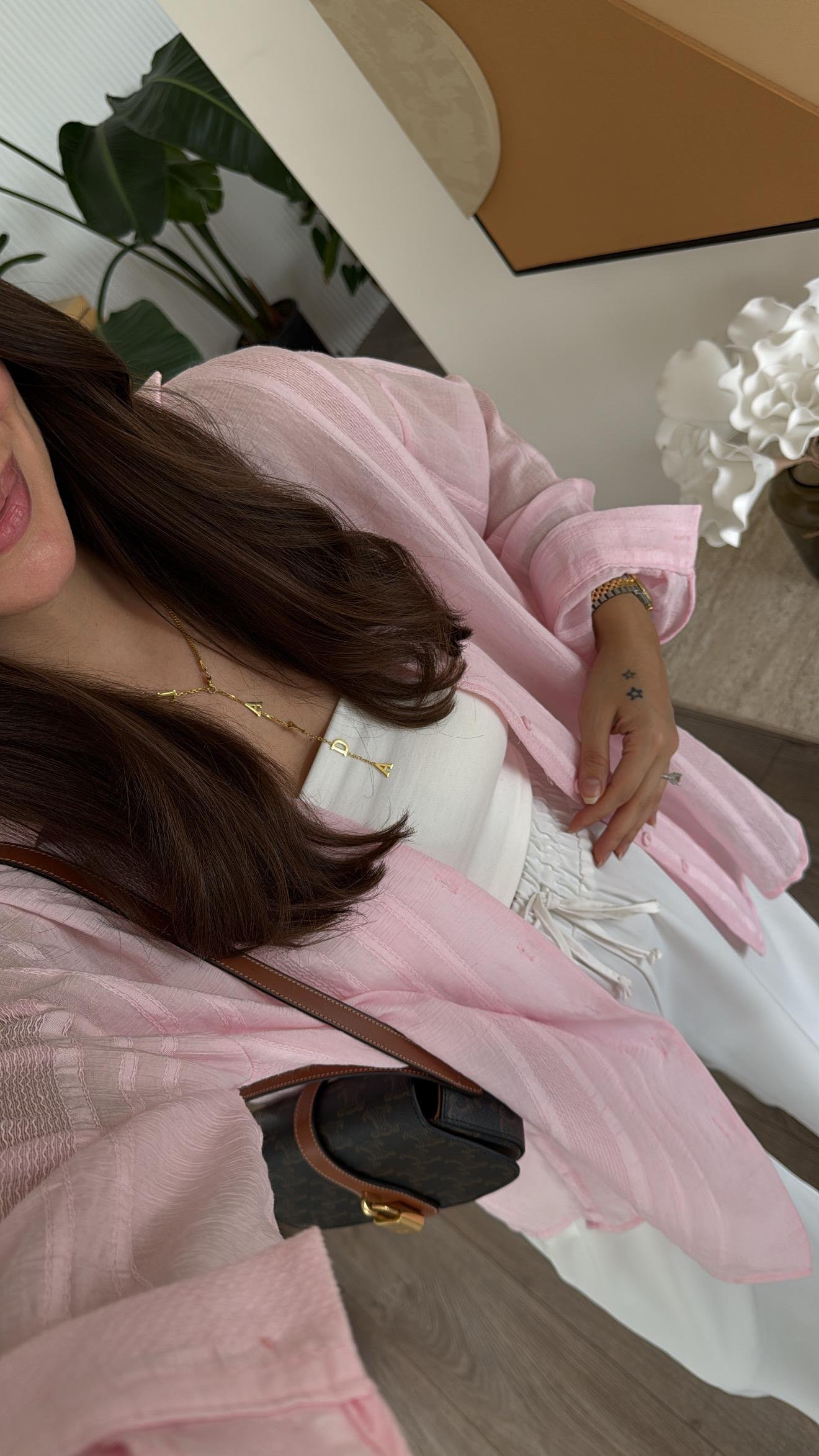 Pembe Kendinden Desenli Transparan Gömlek