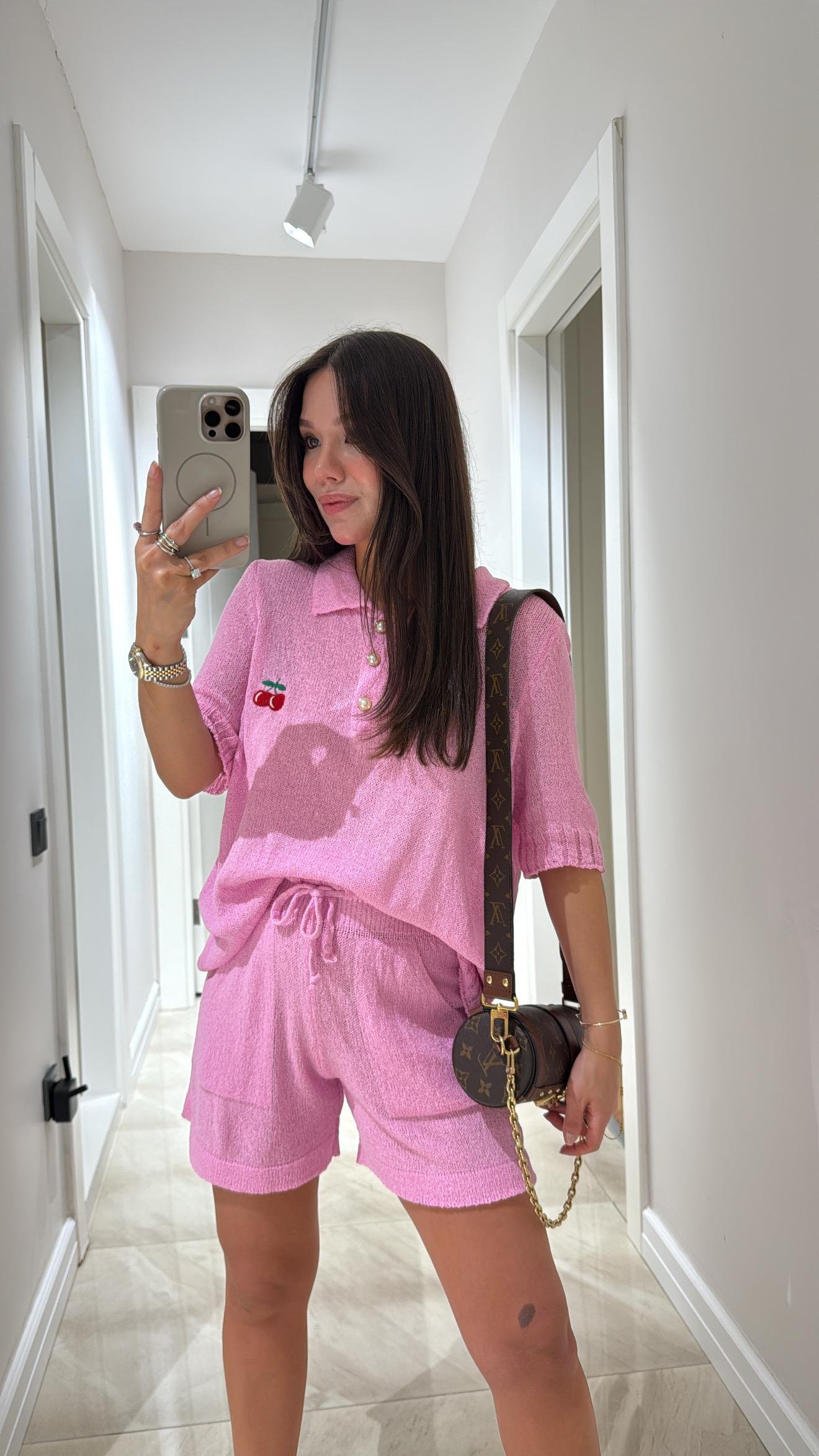 Pembe Kiraz Detaylı Triko Bluz