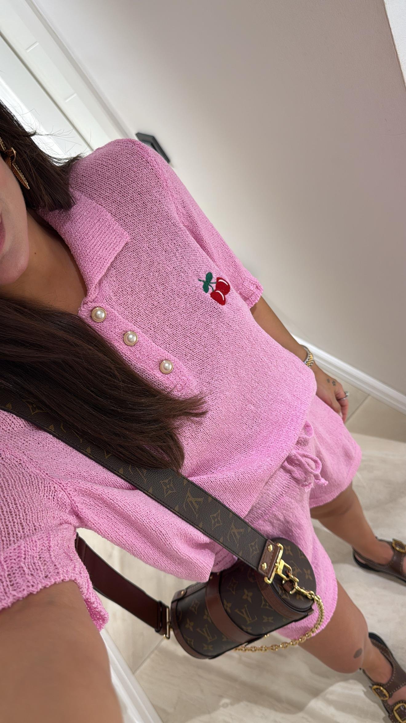 Pembe Kiraz Detaylı Triko Bluz