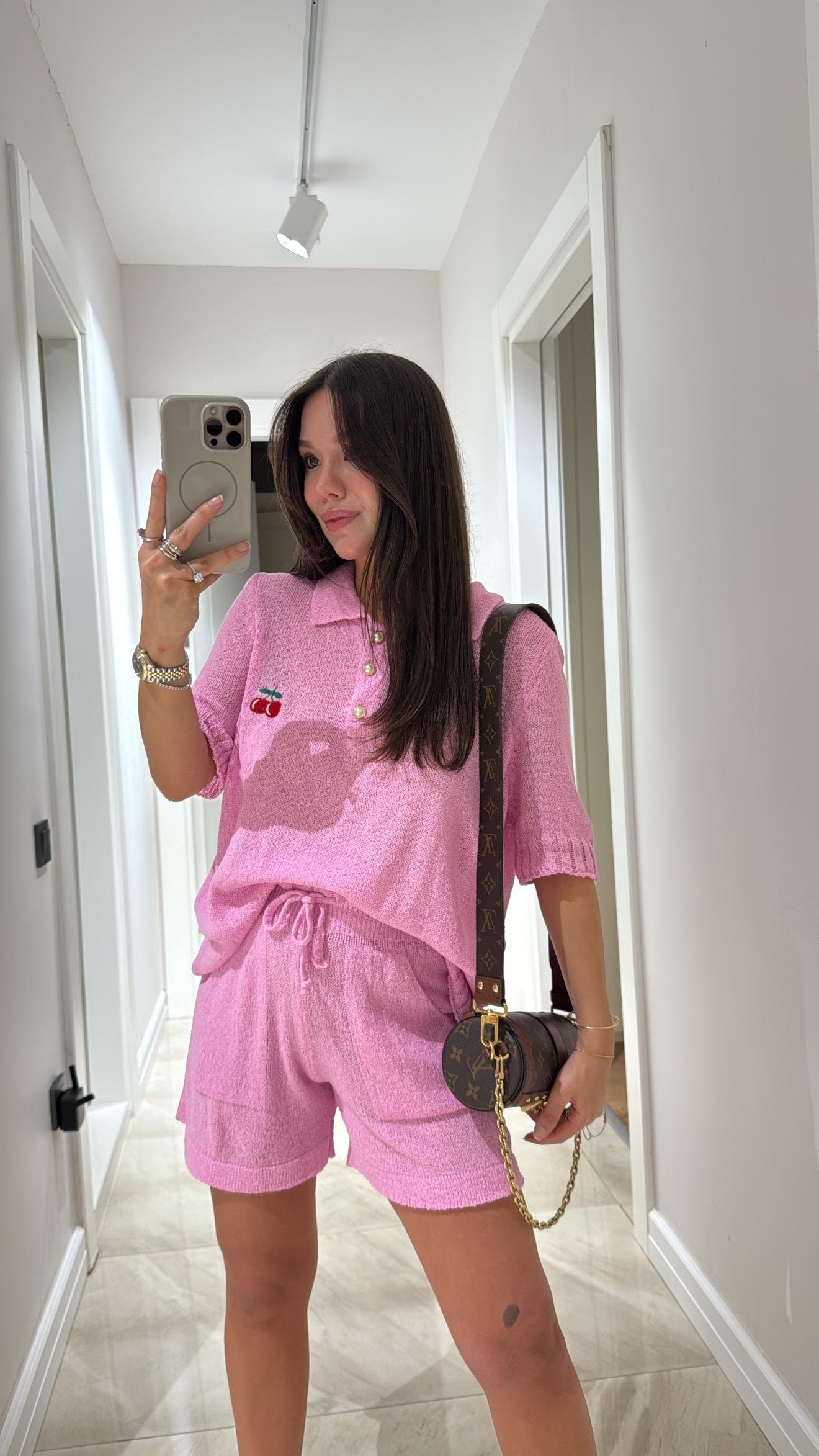 Pembe Kiraz Detaylı Triko Bluz