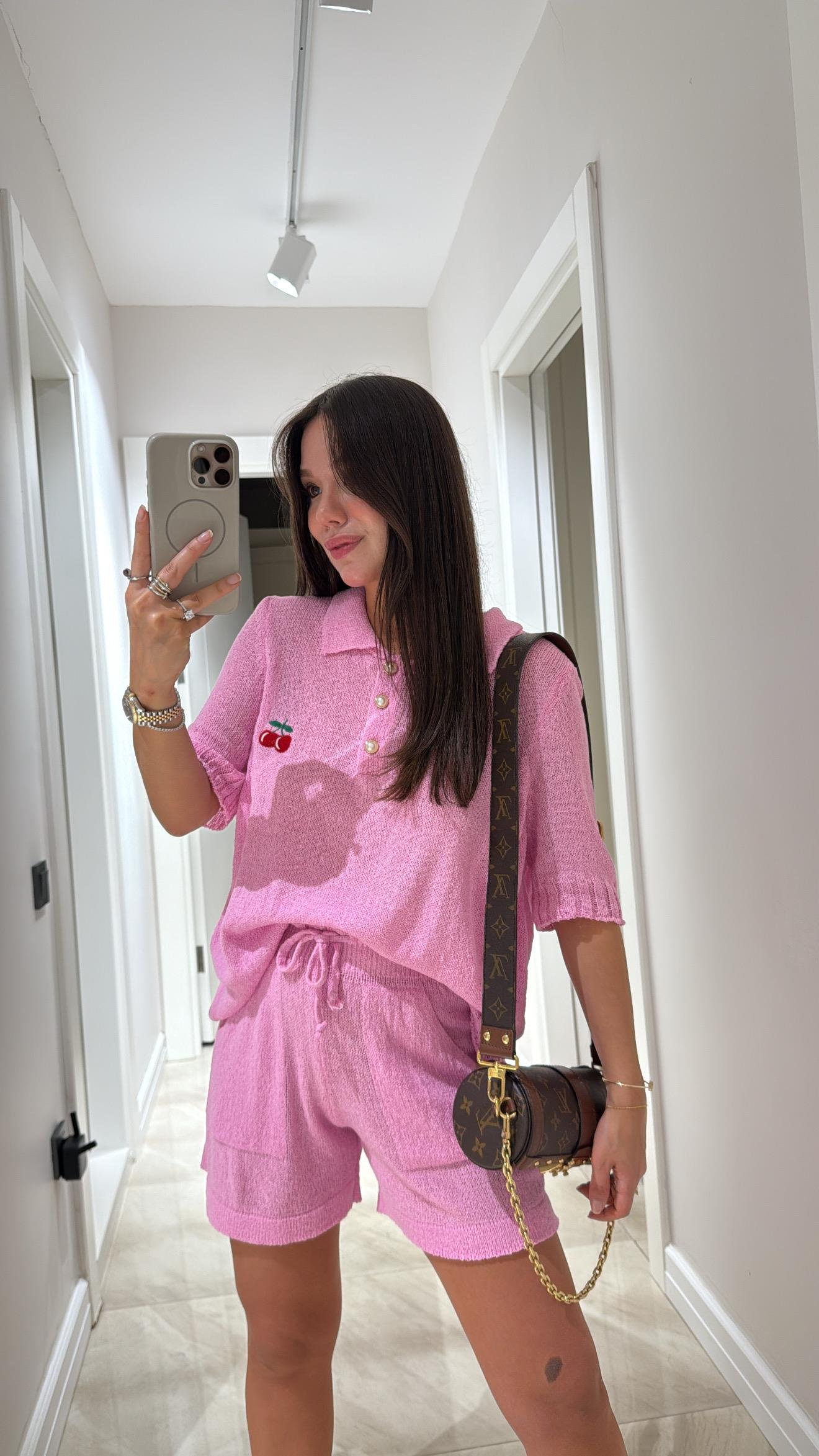 Pembe Kiraz Detaylı Triko Bluz