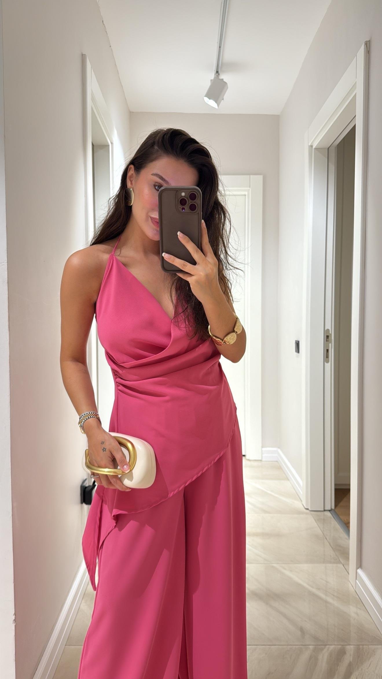 Pembe Kruvaze Yaka Pantolon Takım