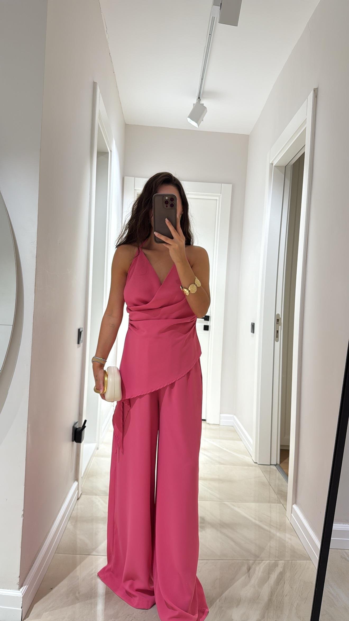 Pembe Kruvaze Yaka Pantolon Takım