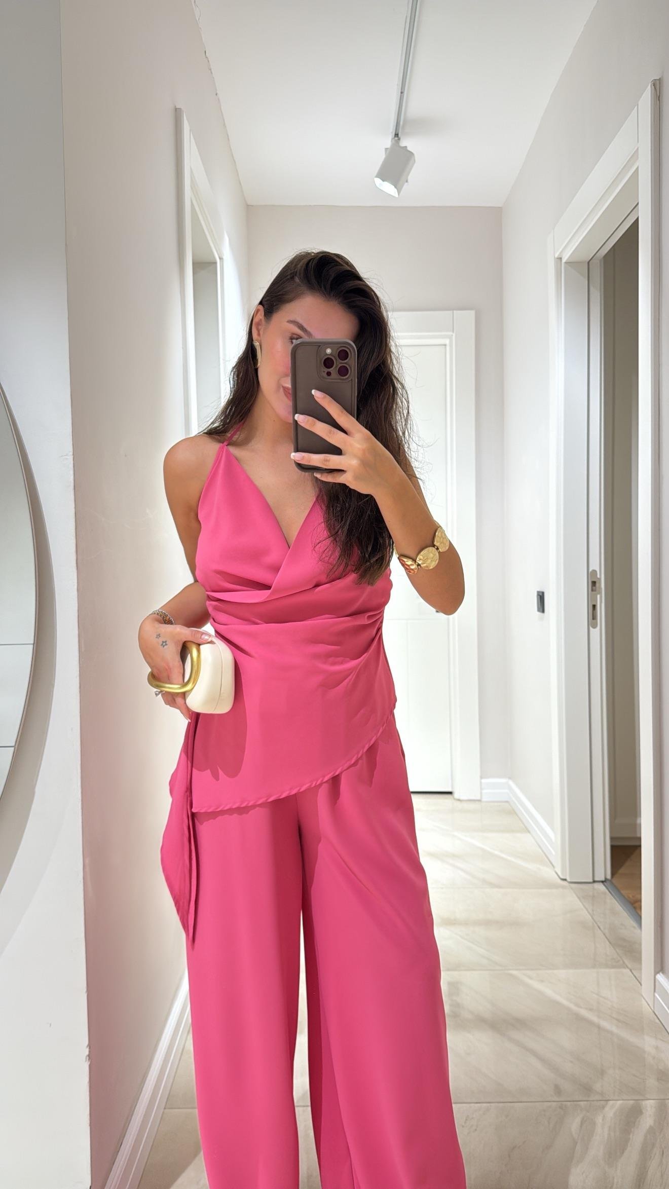 Pembe Kruvaze Yaka Pantolon Takım