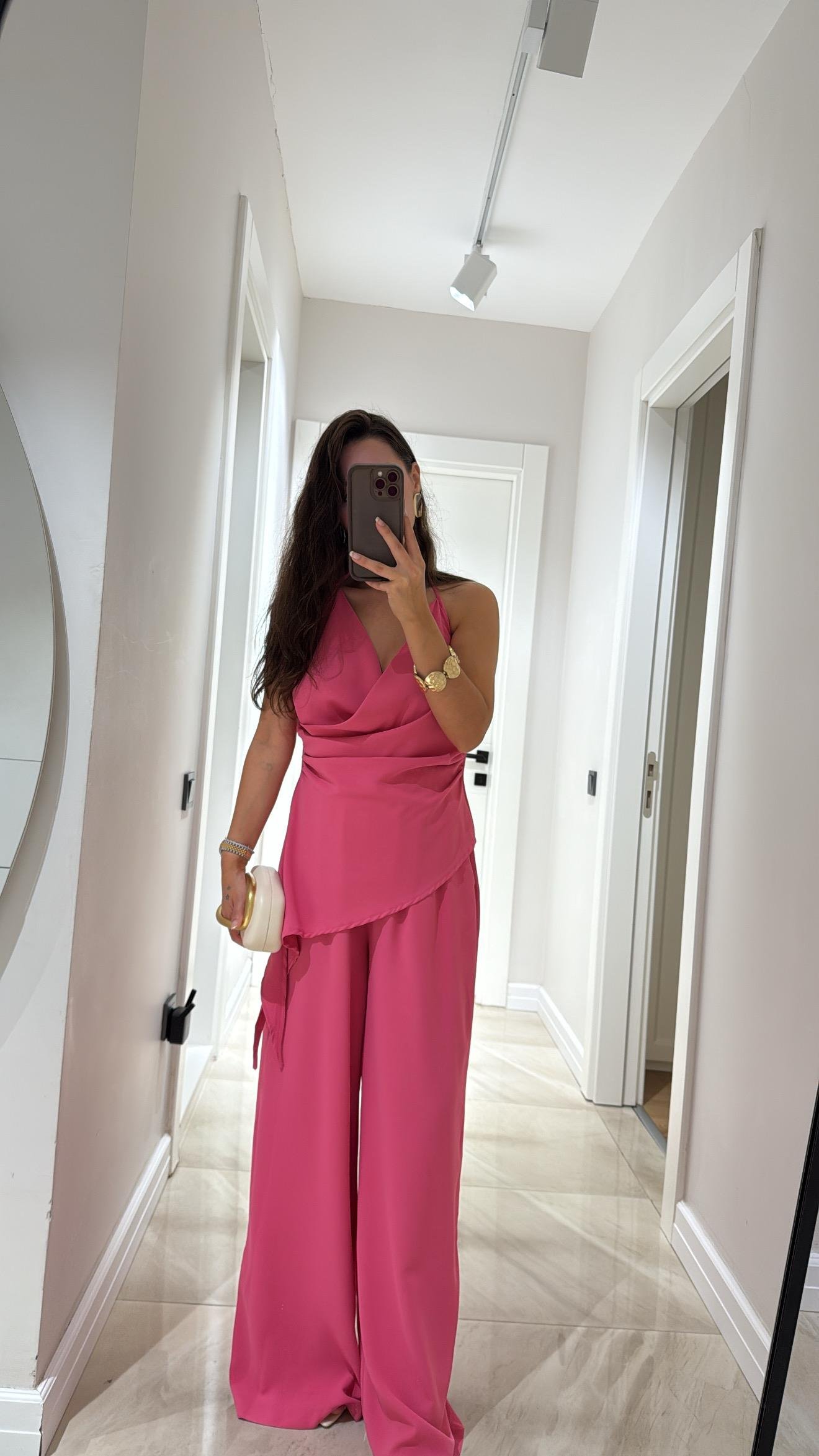 Pembe Kruvaze Yaka Pantolon Takım