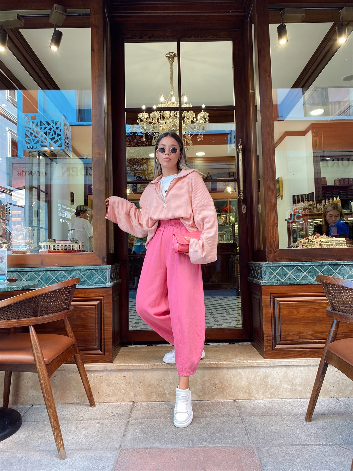 Pembe Lastikli Keten Şalvar Pantolon