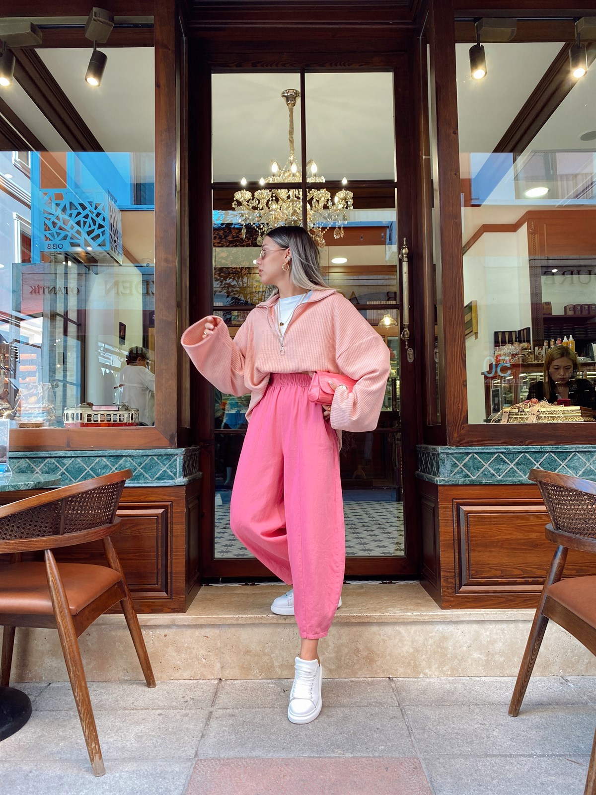 Pembe Lastikli Keten Şalvar Pantolon