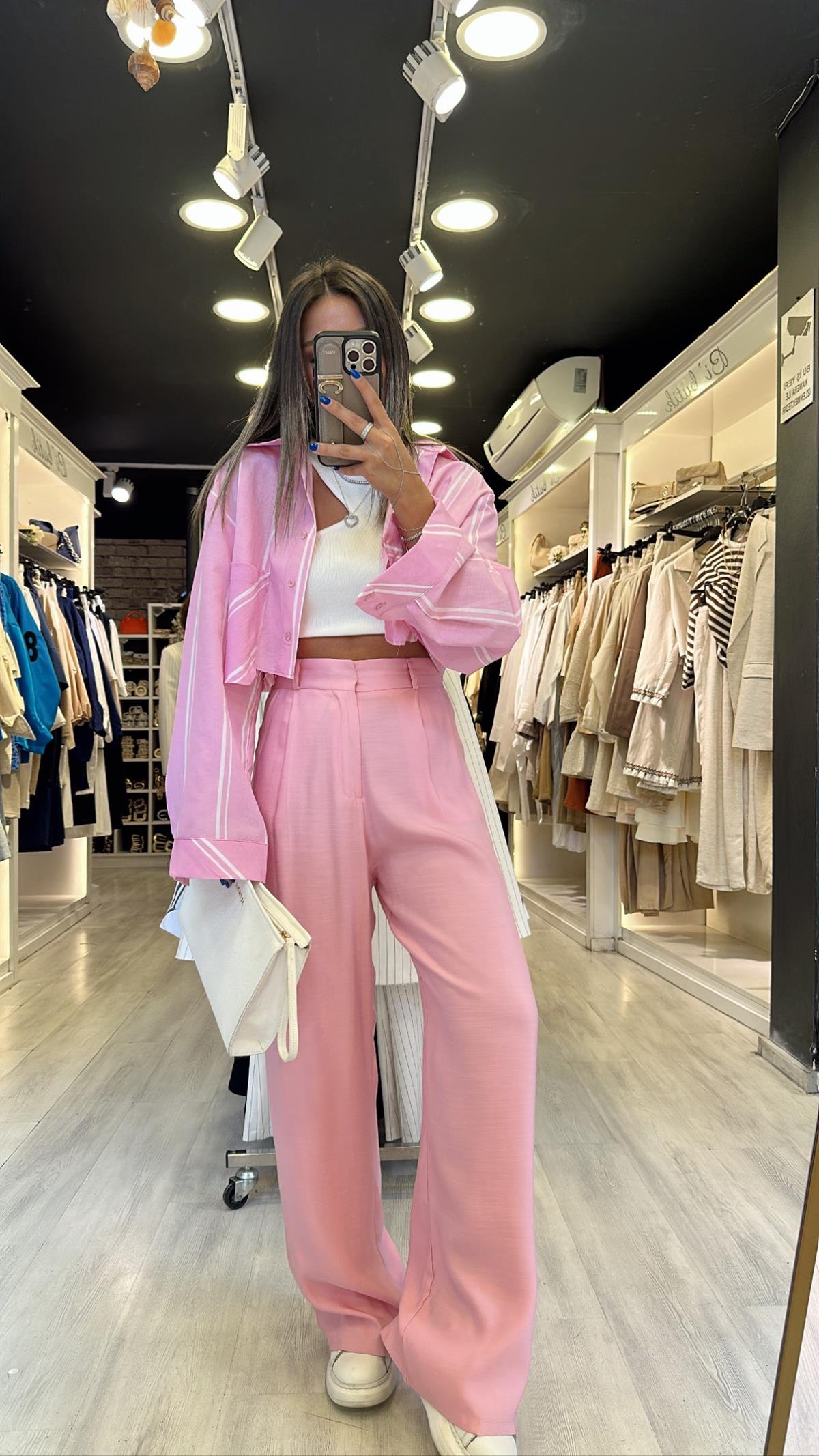 Pembe Maskülen Keten Bol Paça Pantolon