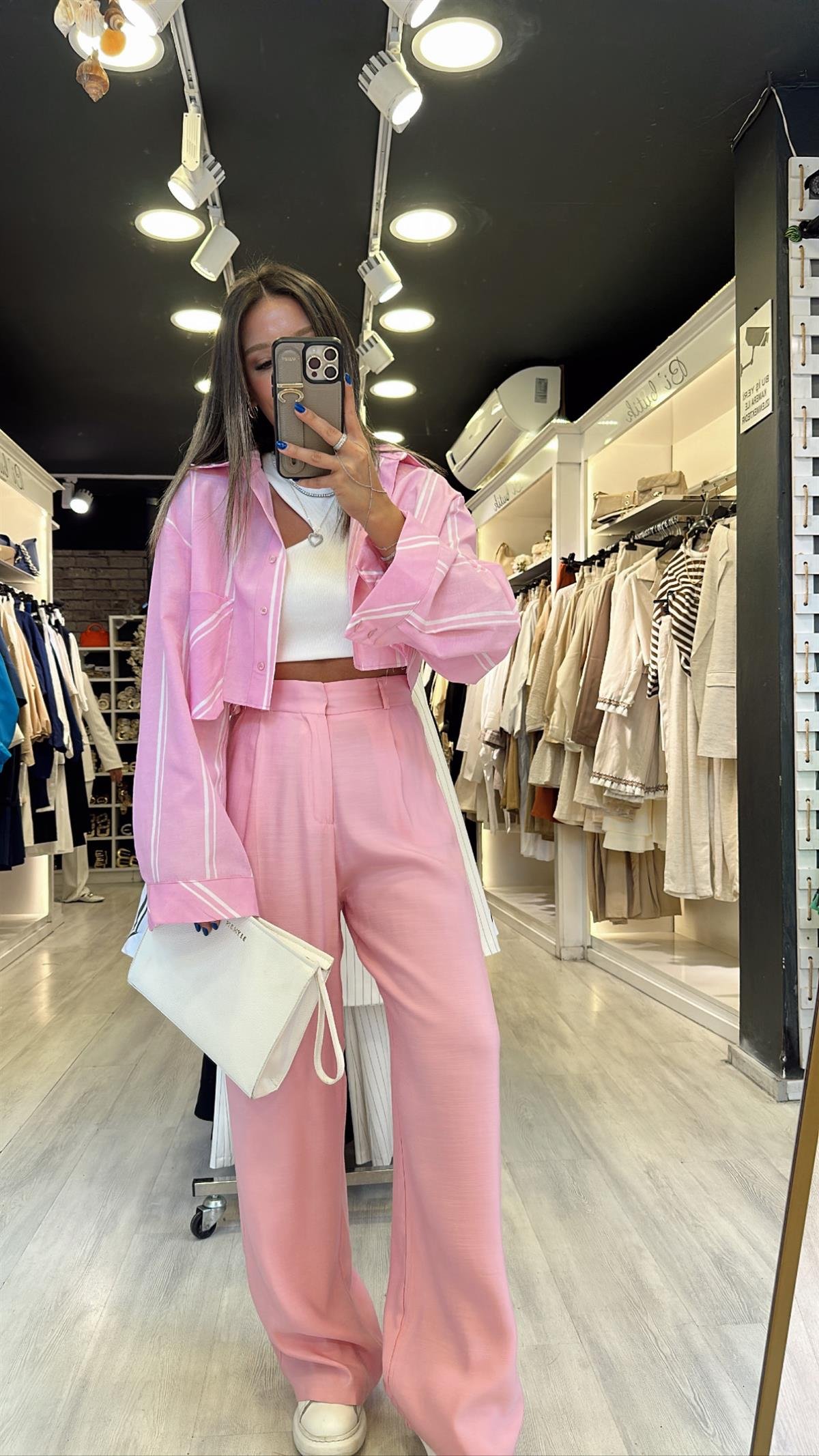 Pembe Maskülen Keten Bol Paça Pantolon