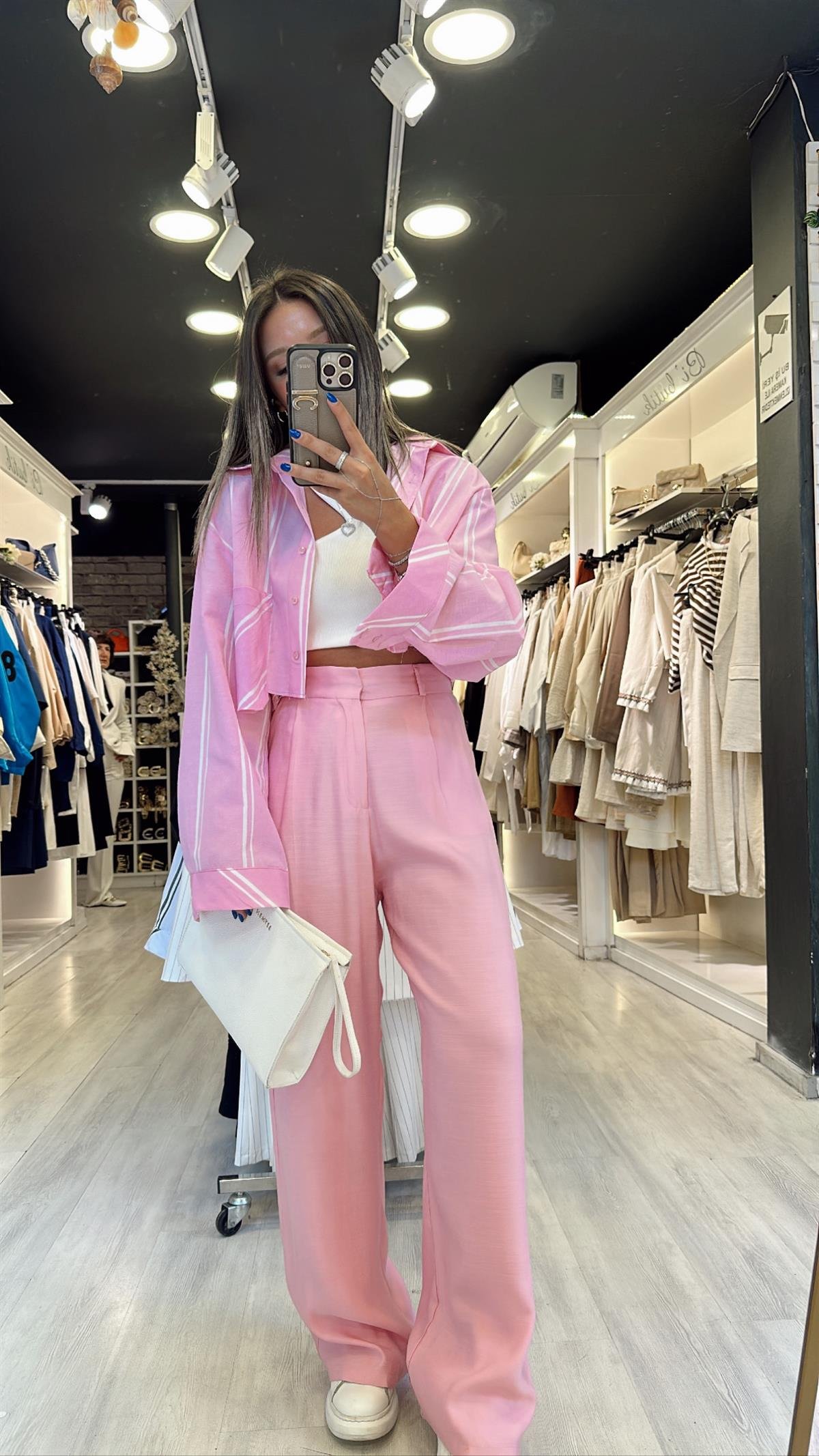 Pembe Maskülen Keten Bol Paça Pantolon