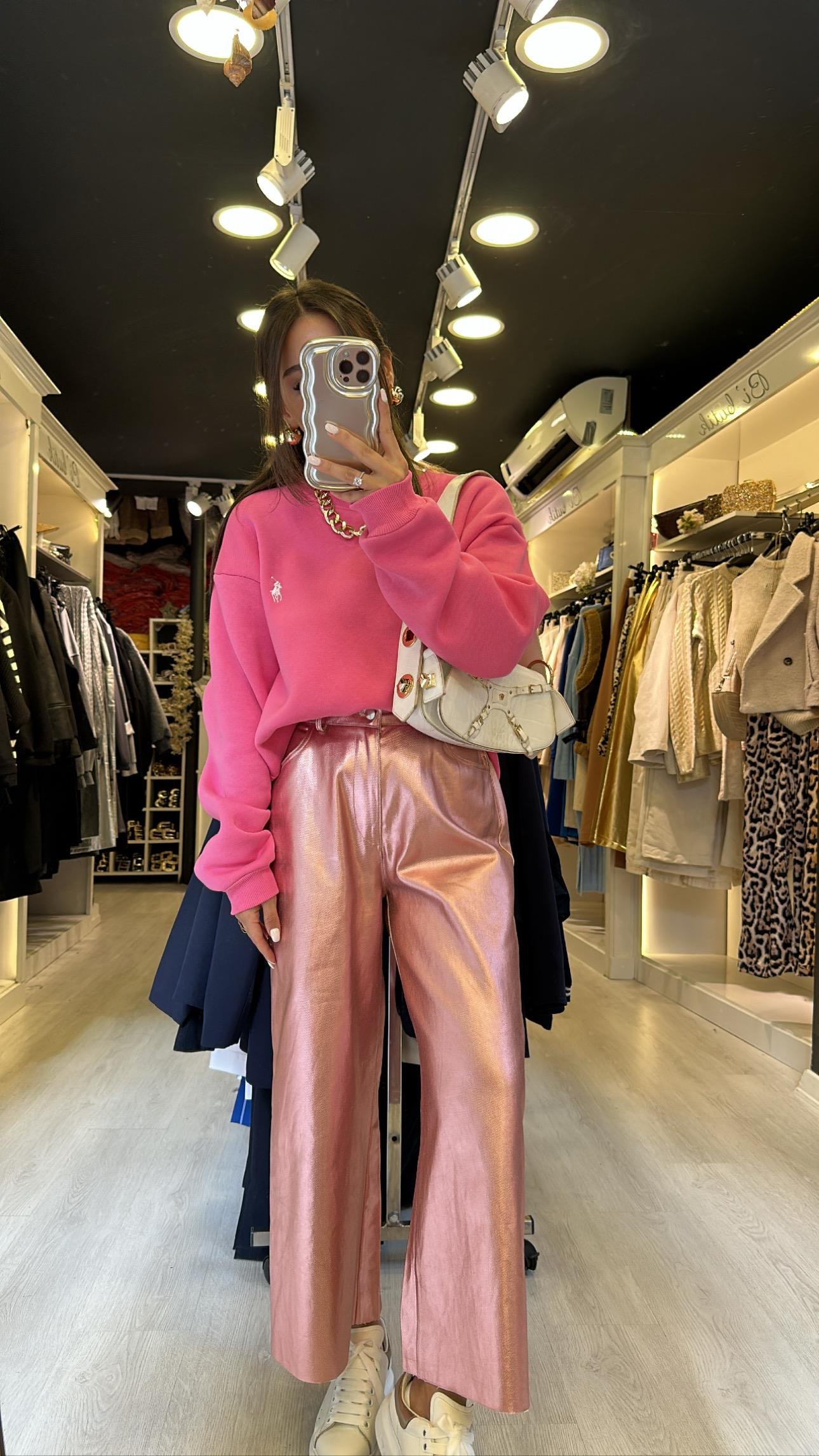 Pembe Metalik Bol Paça Pantolon 