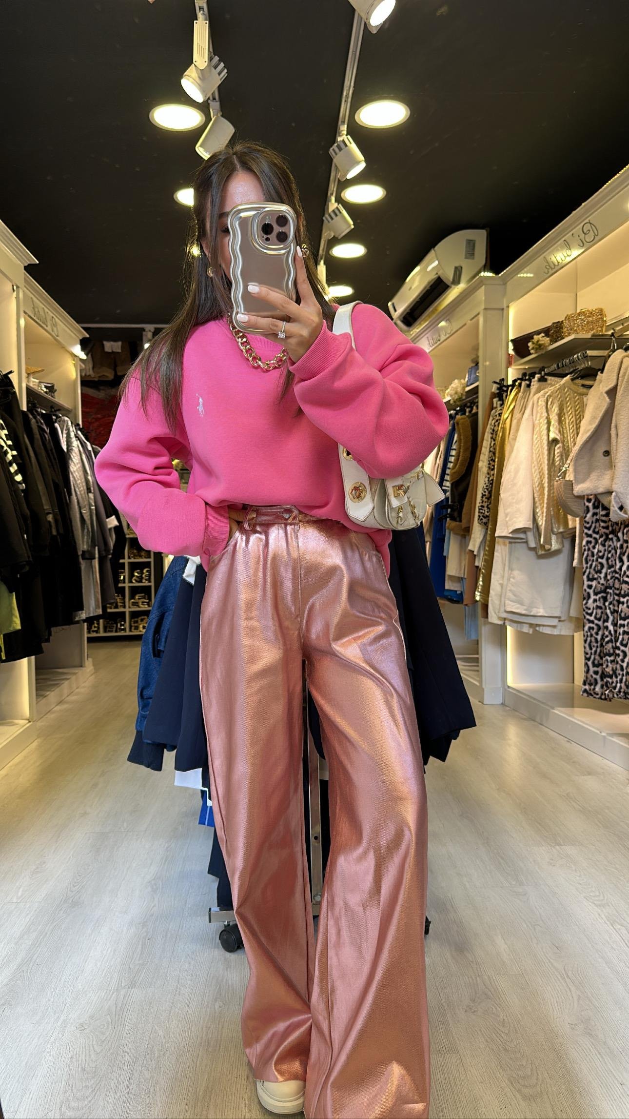 Pembe Metalik Bol Paça Pantolon 