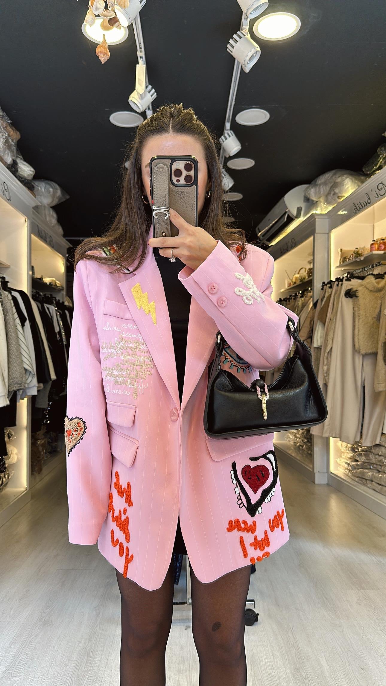 Pembe Nakış Detaylı Çizgili Blazer Ceket