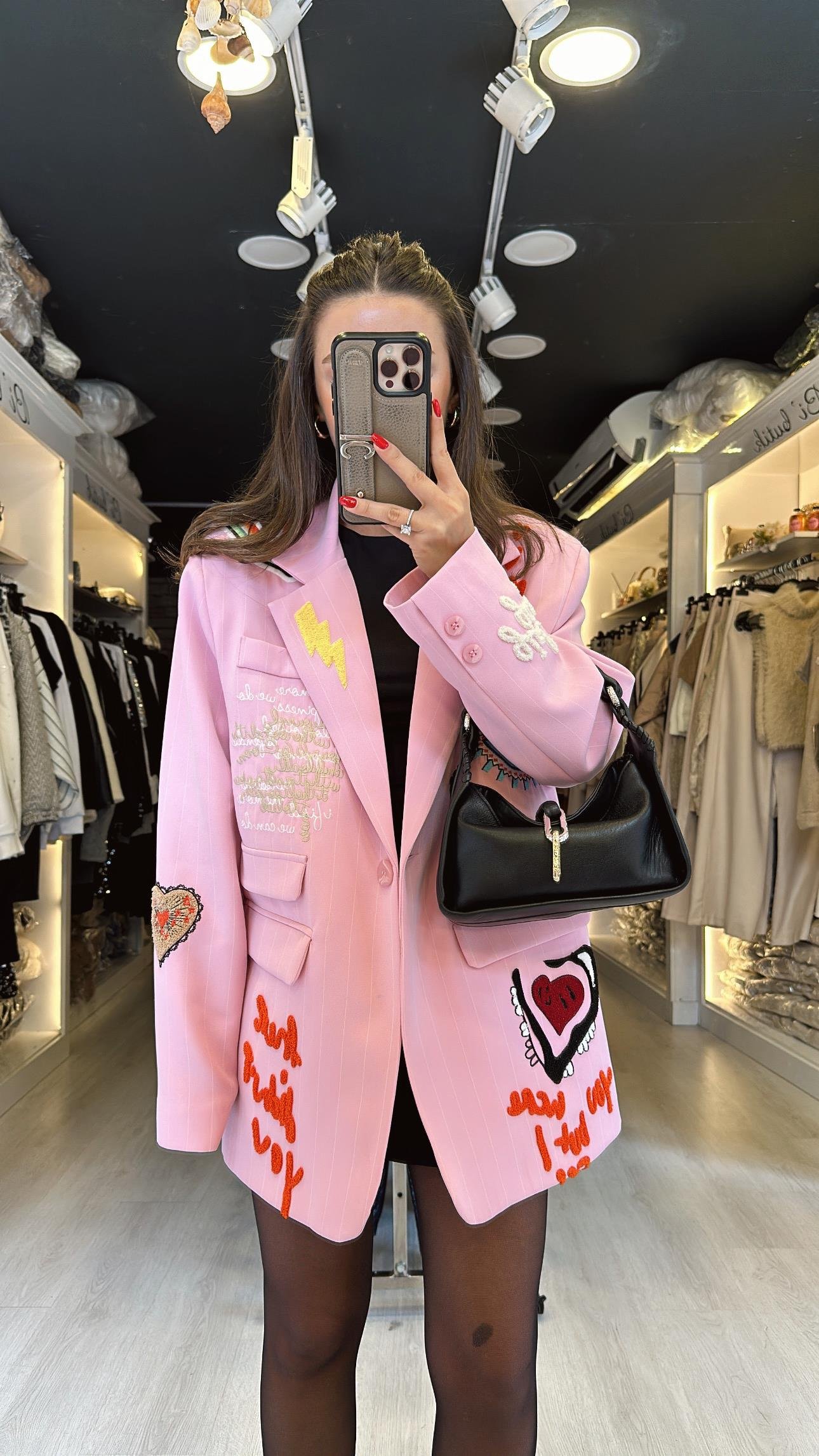 Pembe Nakış Detaylı Çizgili Blazer Ceket